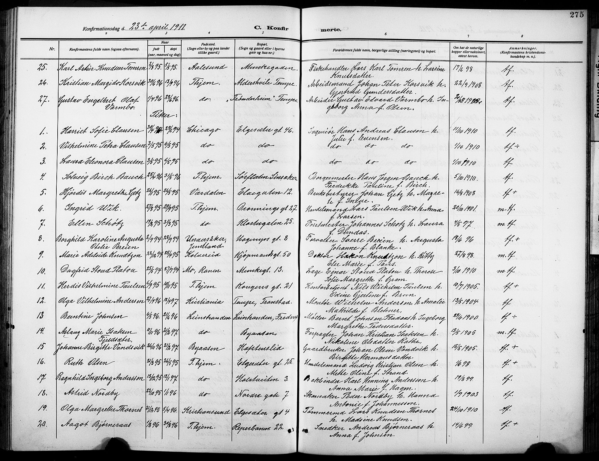 Ministerialprotokoller, klokkerbøker og fødselsregistre - Sør-Trøndelag, SAT/A-1456/601/L0096: Parish register (copy) no. 601C14, 1911-1931, p. 275