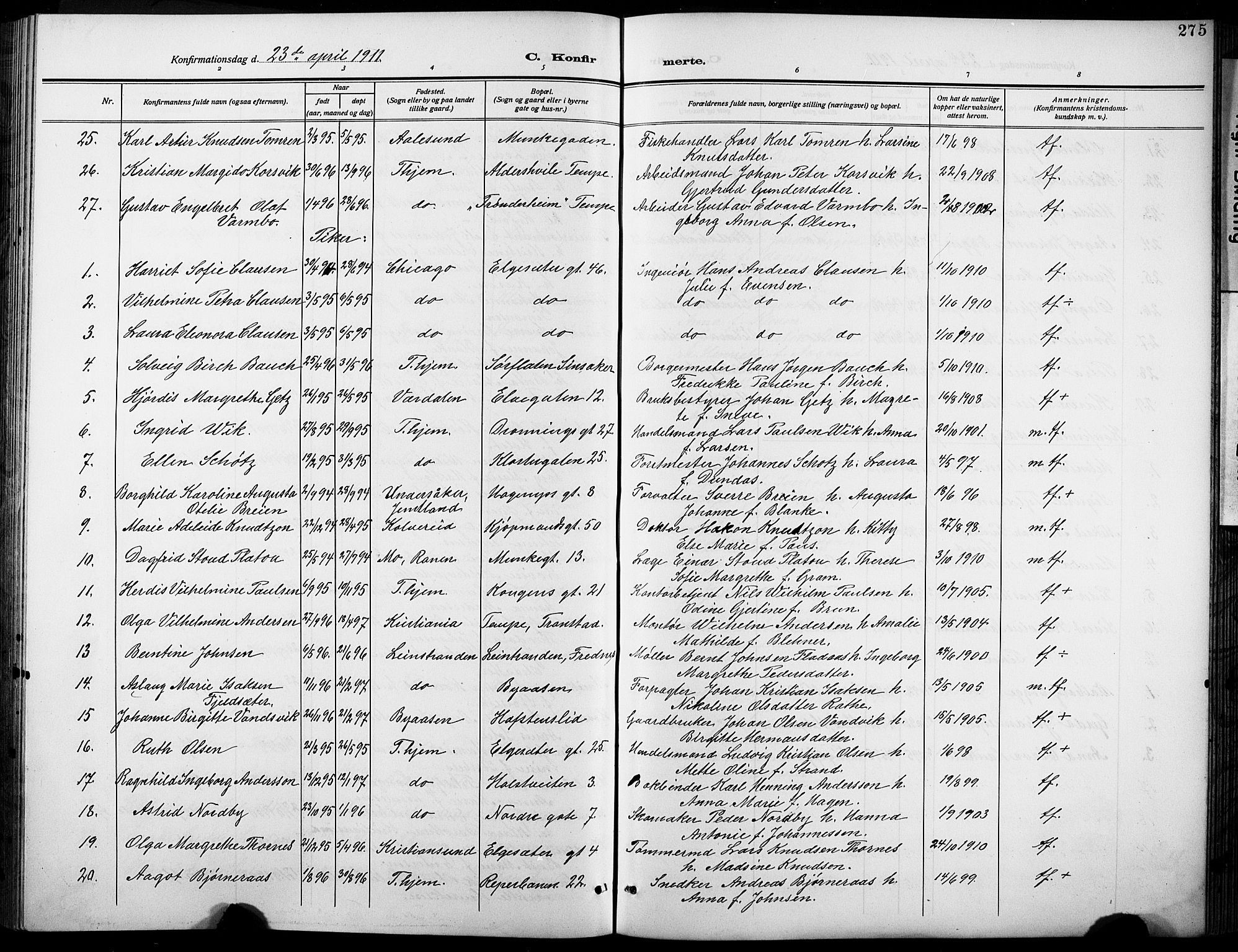 Ministerialprotokoller, klokkerbøker og fødselsregistre - Sør-Trøndelag, AV/SAT-A-1456/601/L0096: Parish register (copy) no. 601C14, 1911-1931, p. 275