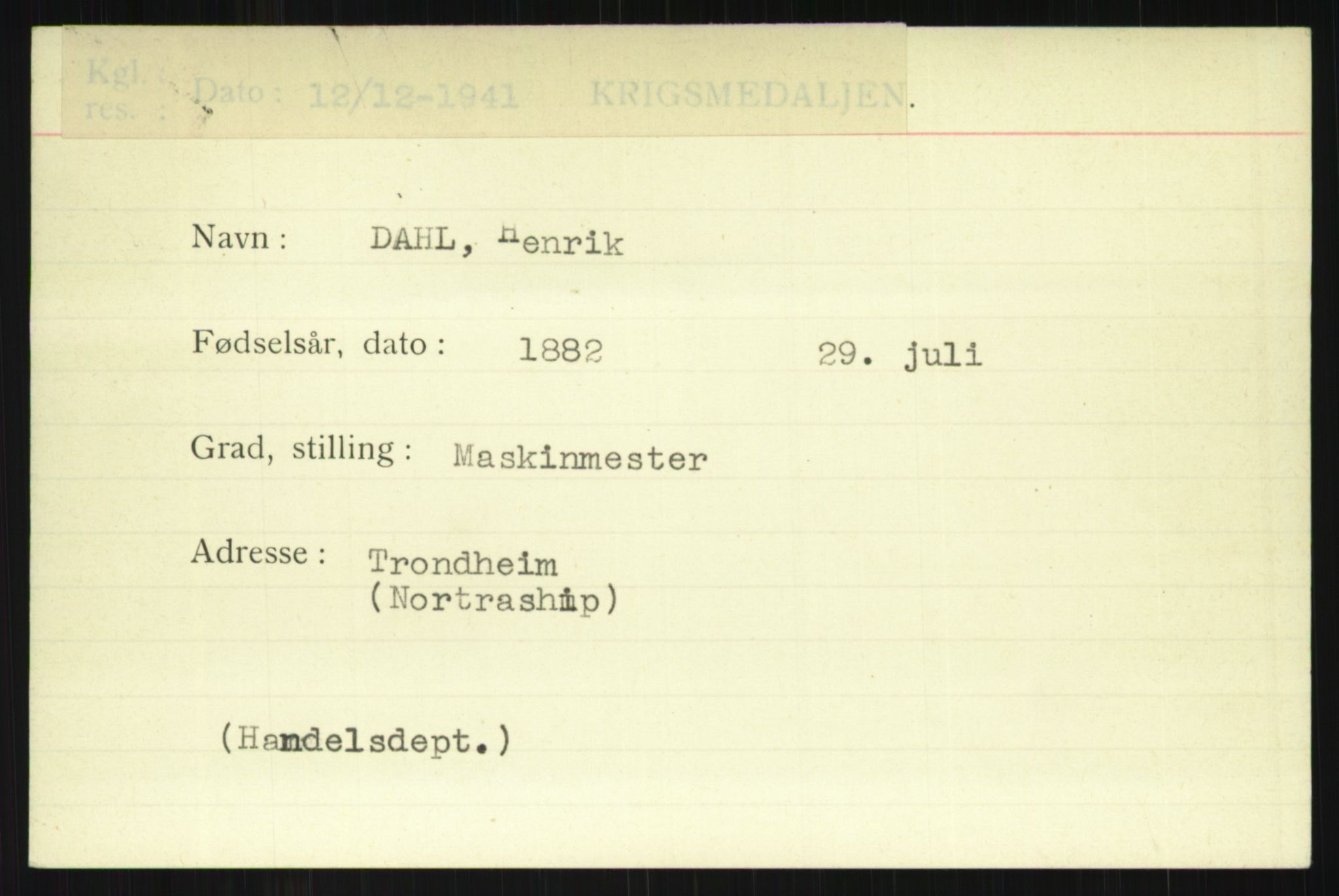 Direktoratet for sjømenn, AV/RA-S-3545/G/Gi/L0004: Kartotek over krigsdekorasjoner tildelt nordmenn under krigen, 1940-1945, p. 1721