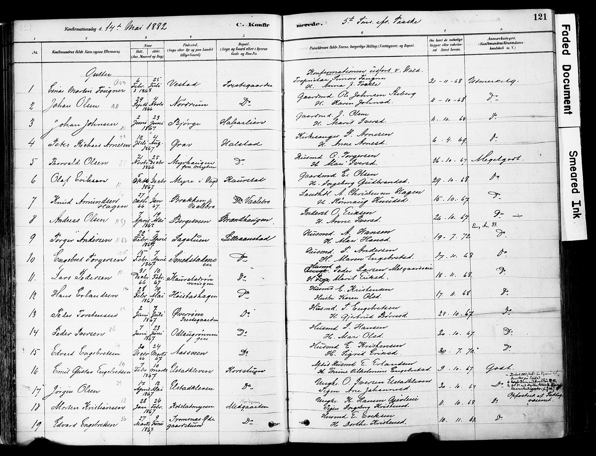 Ringebu prestekontor, SAH/PREST-082/H/Ha/Haa/L0008: Parish register (official) no. 8, 1878-1898, p. 121