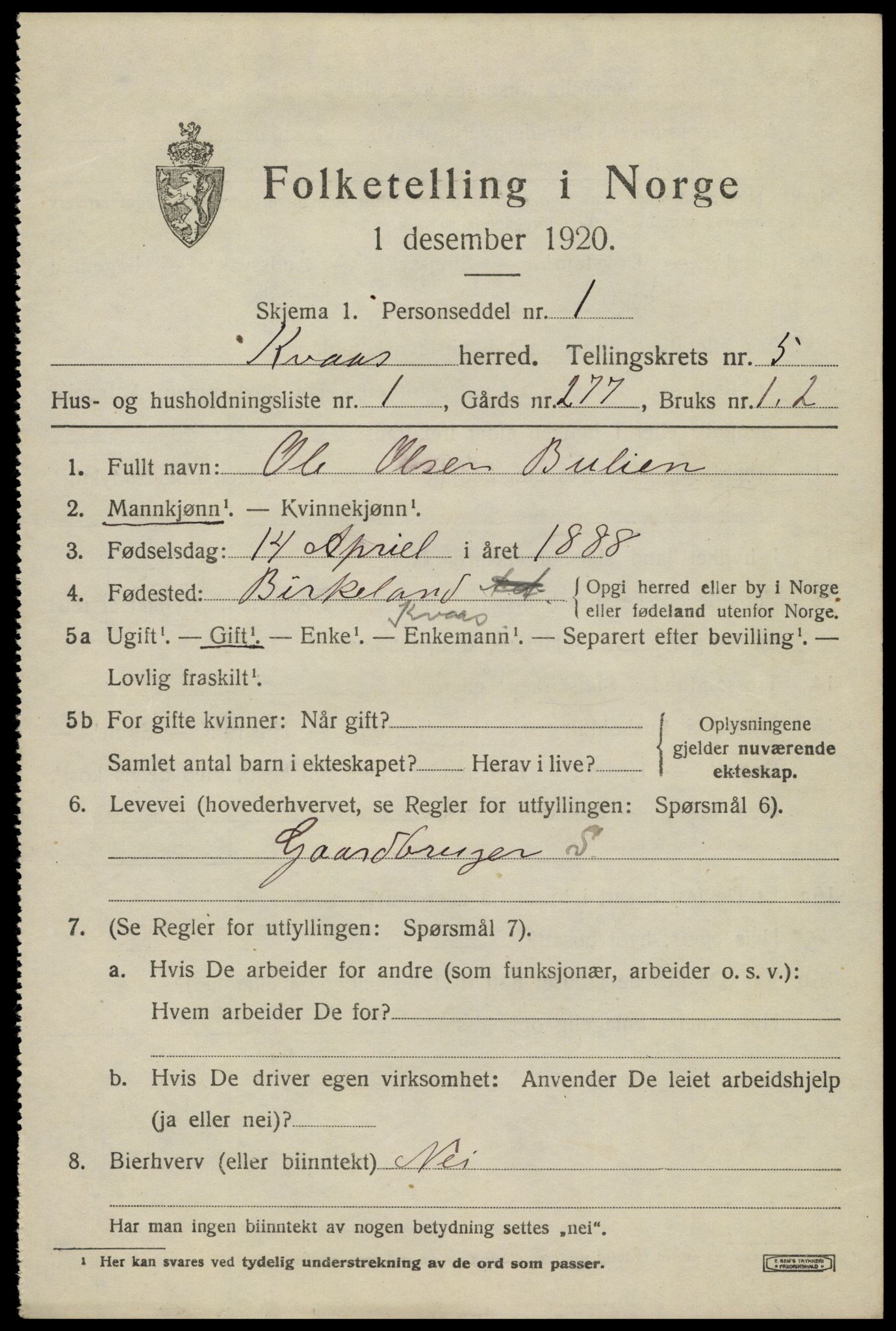 SAK, 1920 census for Kvås, 1920, p. 1288