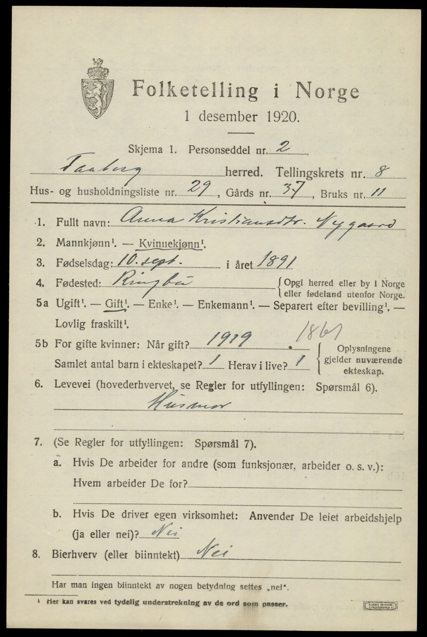 SAH, 1920 census for Fåberg, 1920, p. 9526