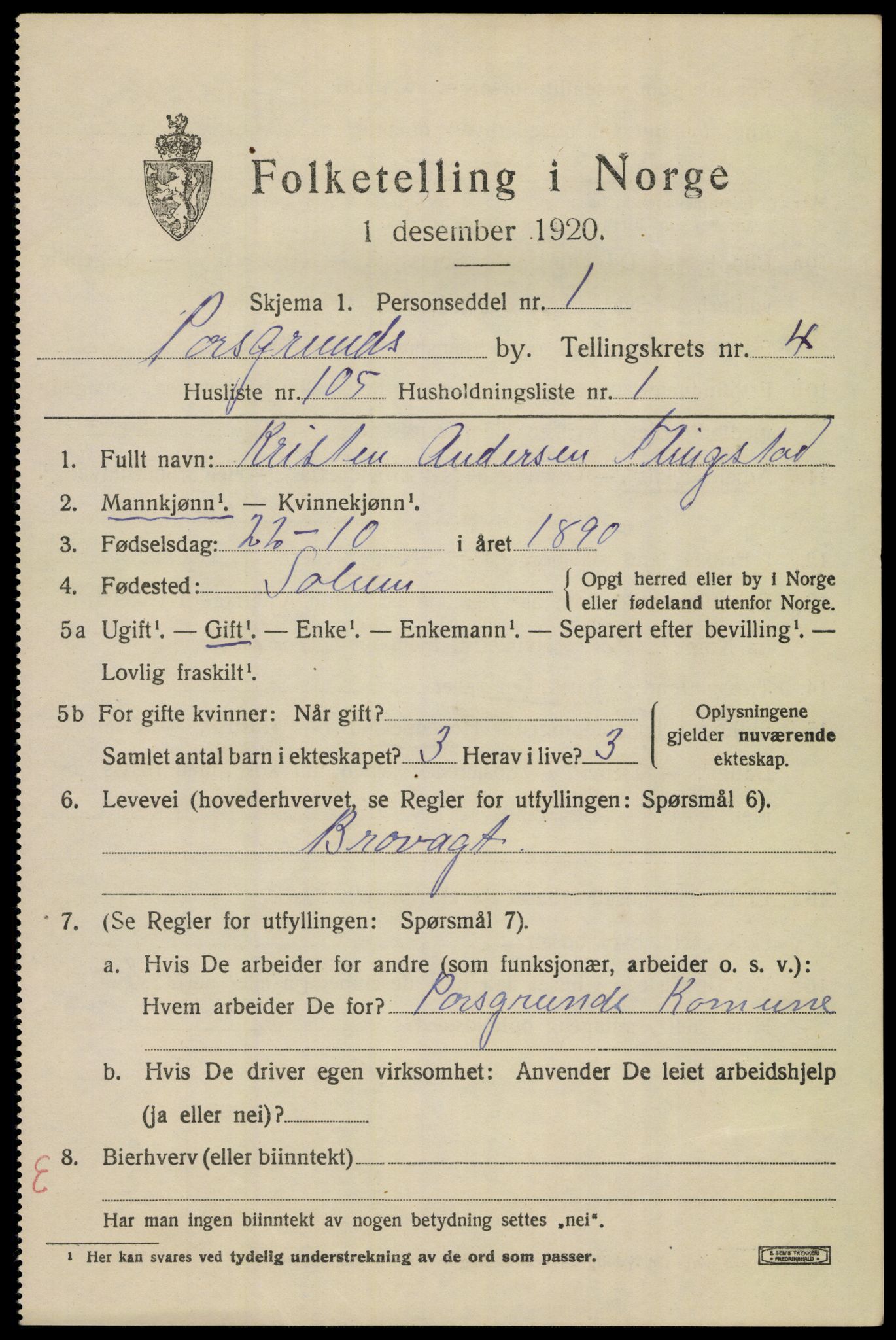 SAKO, 1920 census for Porsgrunn, 1920, p. 19923