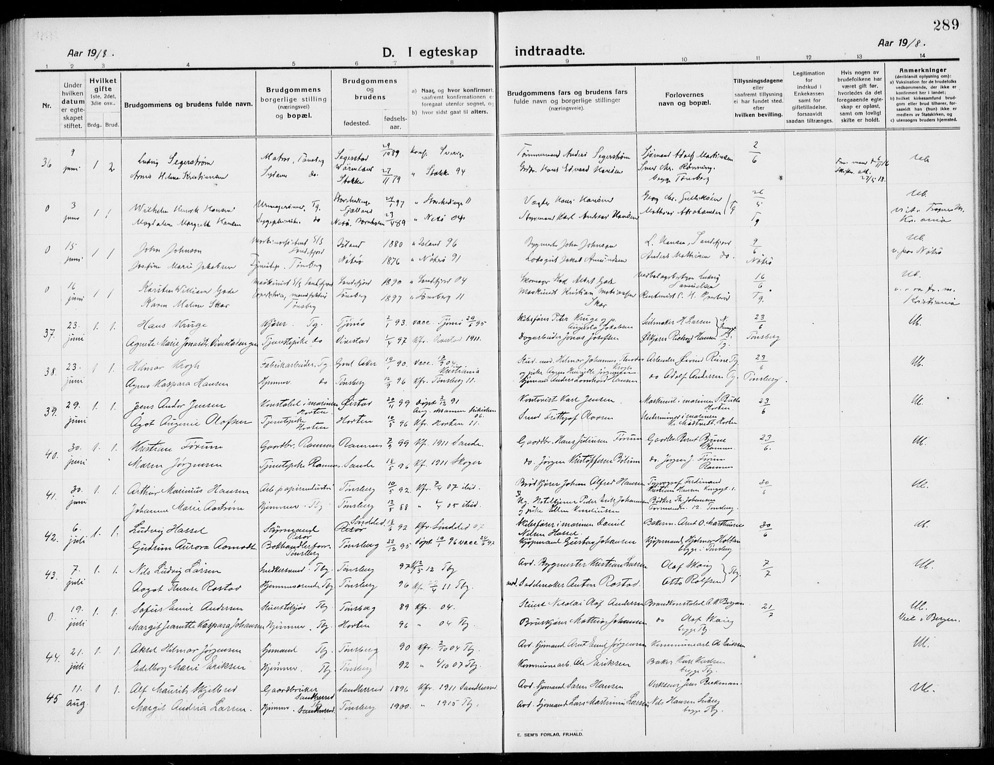 Tønsberg kirkebøker, AV/SAKO-A-330/G/Ga/L0009: Parish register (copy) no. 9, 1913-1920, p. 289