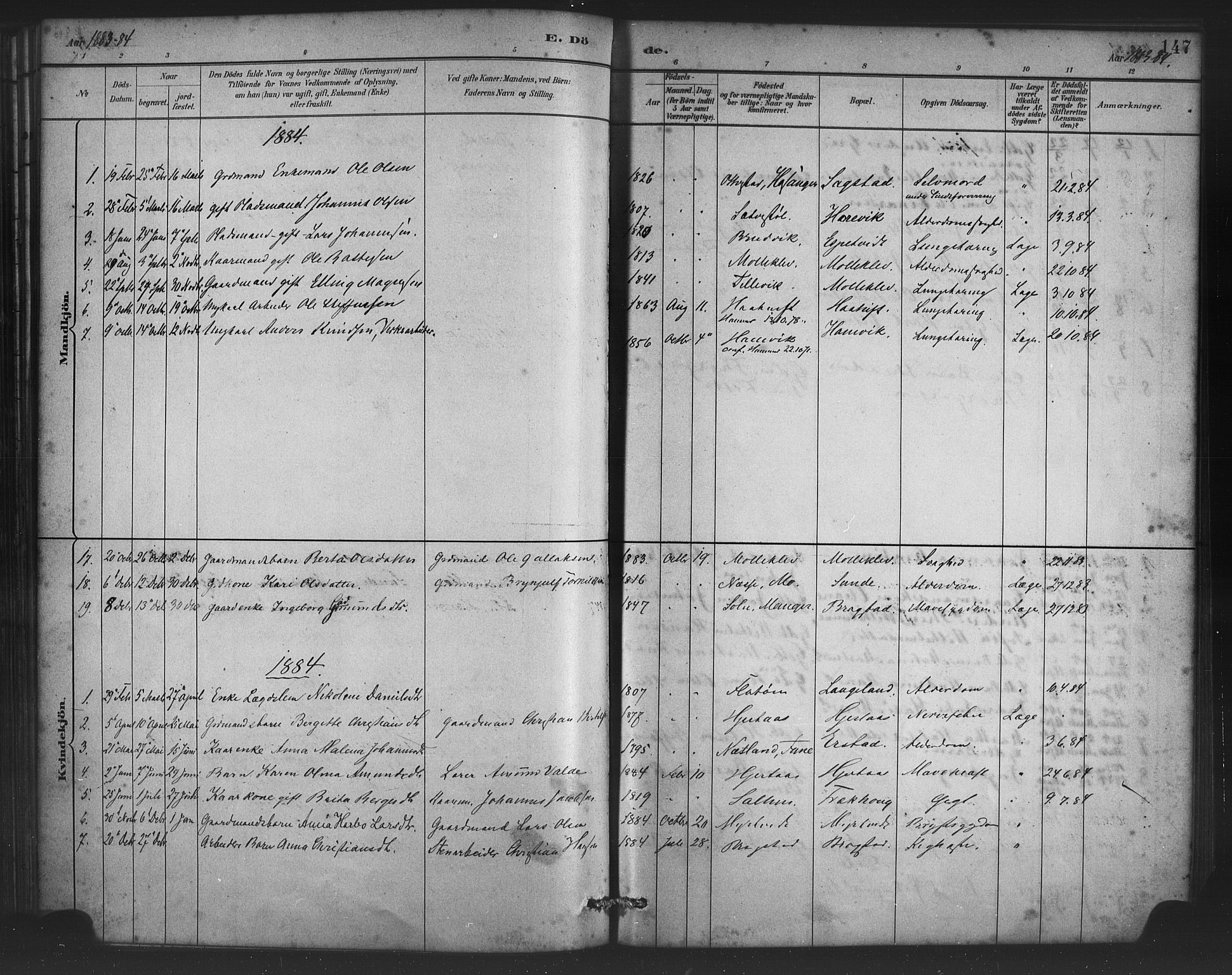 Alversund Sokneprestembete, SAB/A-73901/H/Ha/Haa/Haac/L0001: Parish register (official) no. C 1, 1882-1900, p. 147