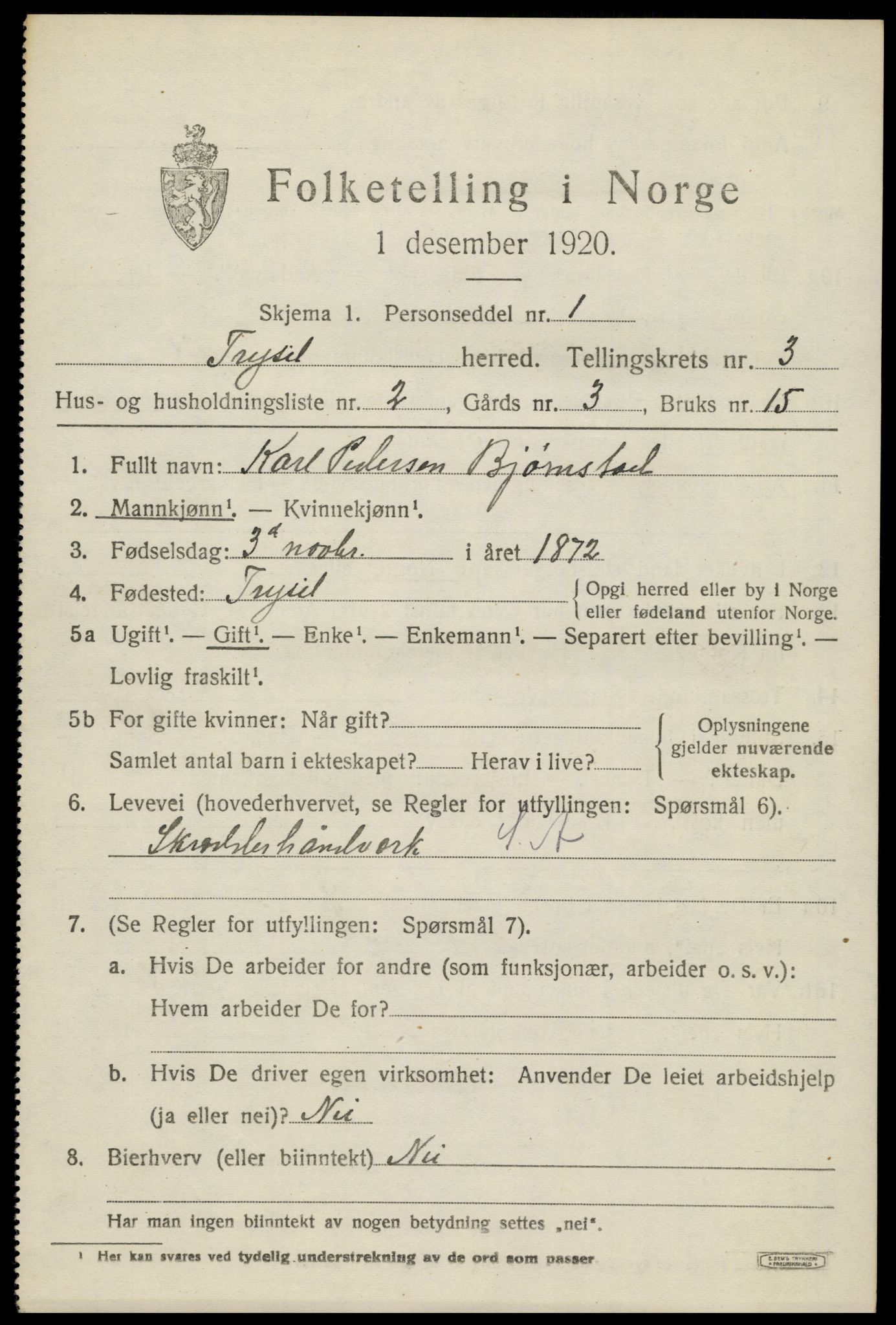 SAH, 1920 census for Trysil, 1920, p. 3489