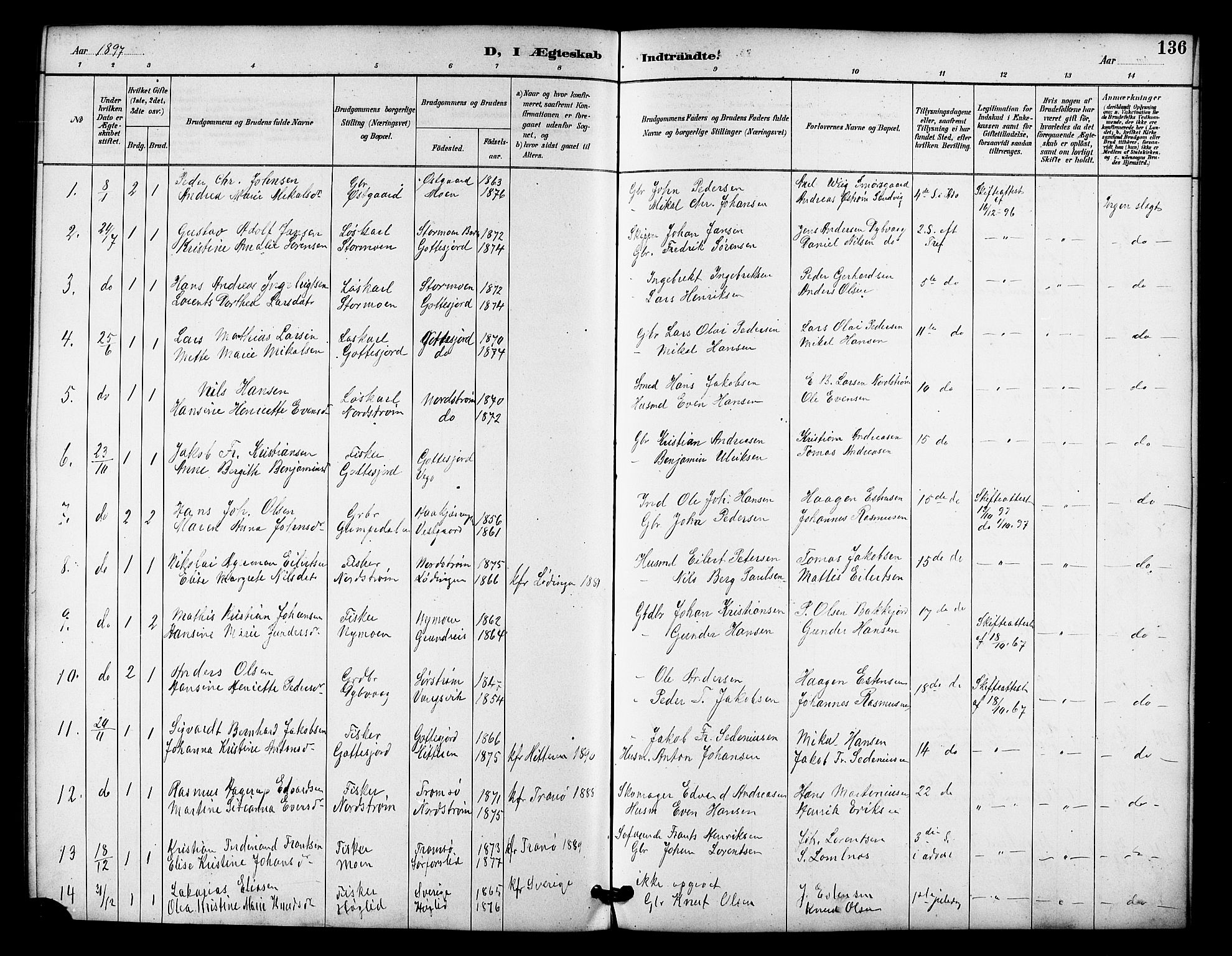 Tranøy sokneprestkontor, AV/SATØ-S-1313/I/Ia/Iab/L0022klokker: Parish register (copy) no. 22, 1887-1912, p. 136