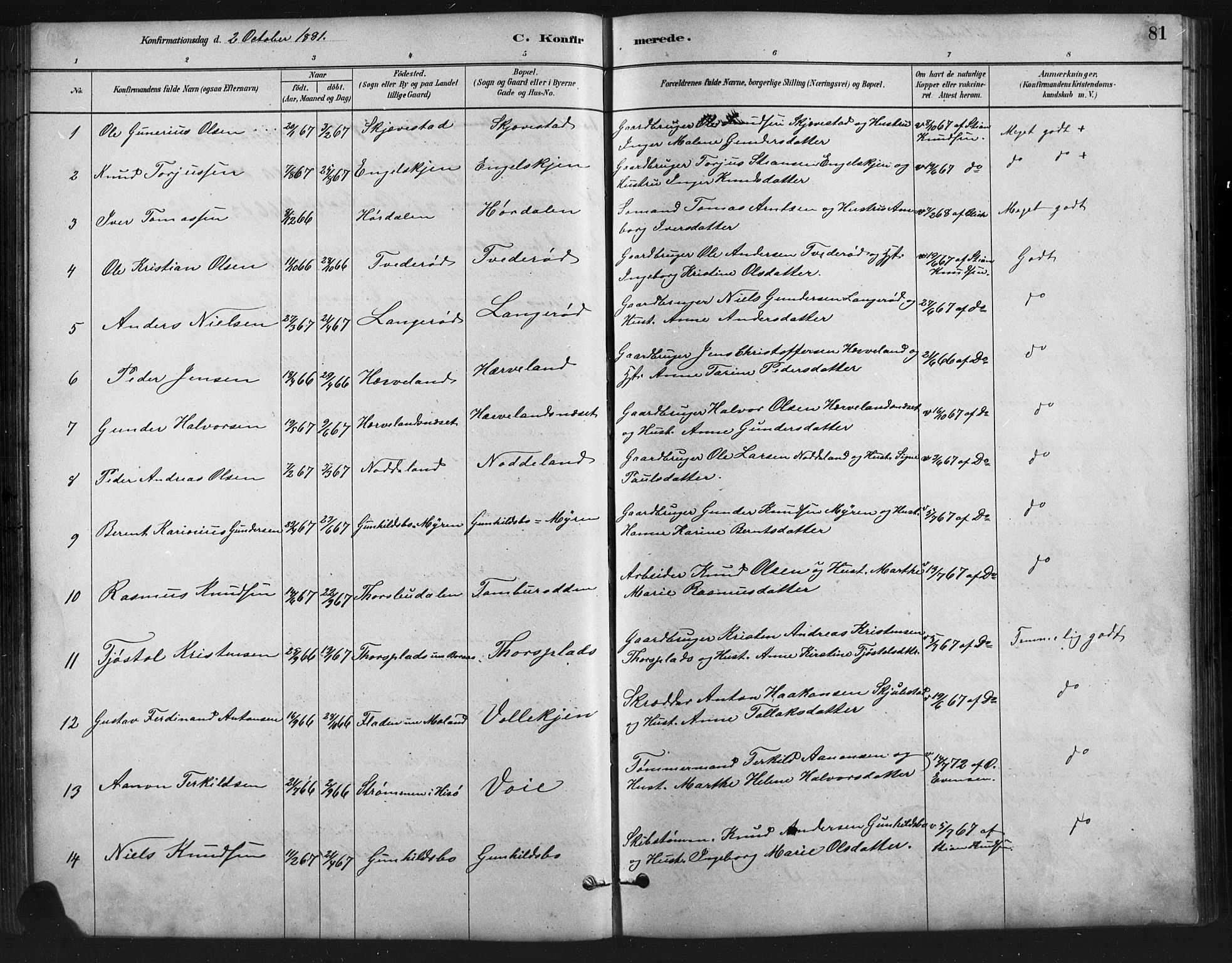 Austre Moland sokneprestkontor, AV/SAK-1111-0001/F/Fb/Fba/L0003: Parish register (copy) no. B 3, 1879-1914, p. 81