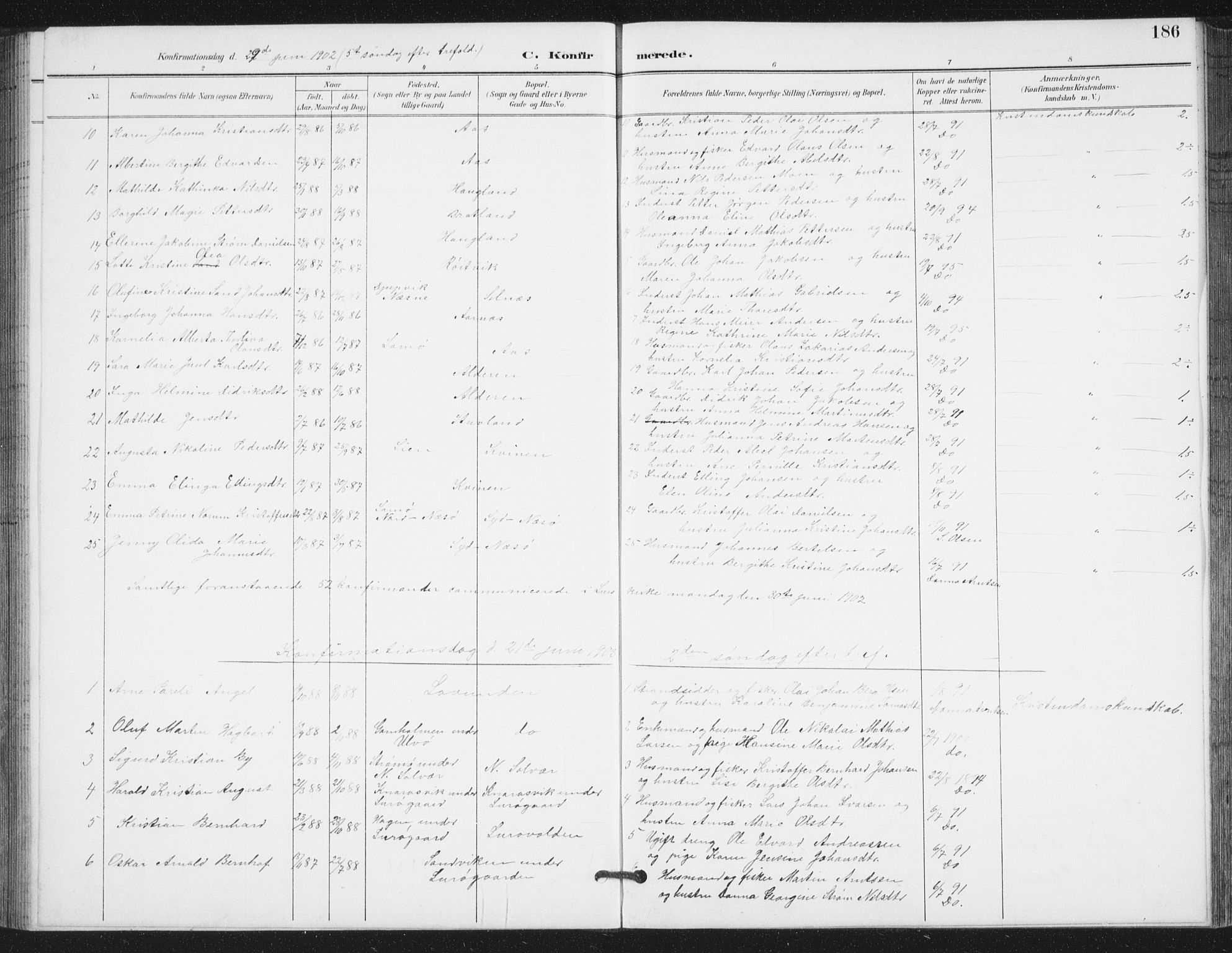 Ministerialprotokoller, klokkerbøker og fødselsregistre - Nordland, SAT/A-1459/839/L0573: Parish register (copy) no. 839C03, 1892-1917, p. 186
