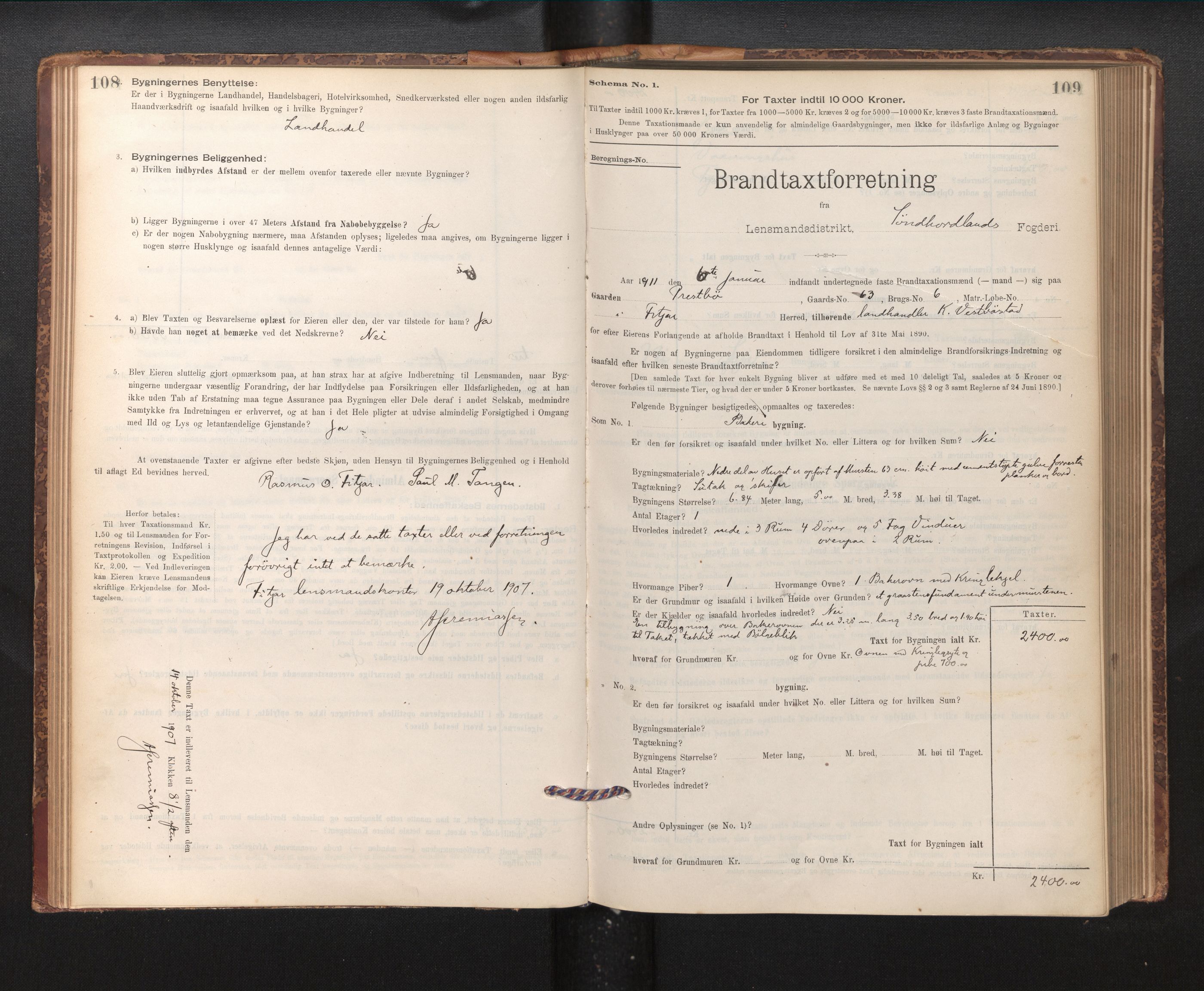 Lensmannen i Fitjar, AV/SAB-A-32001/0012/L0001: Branntakstprotokoll, skjematakst, 1895-1948, p. 108-109