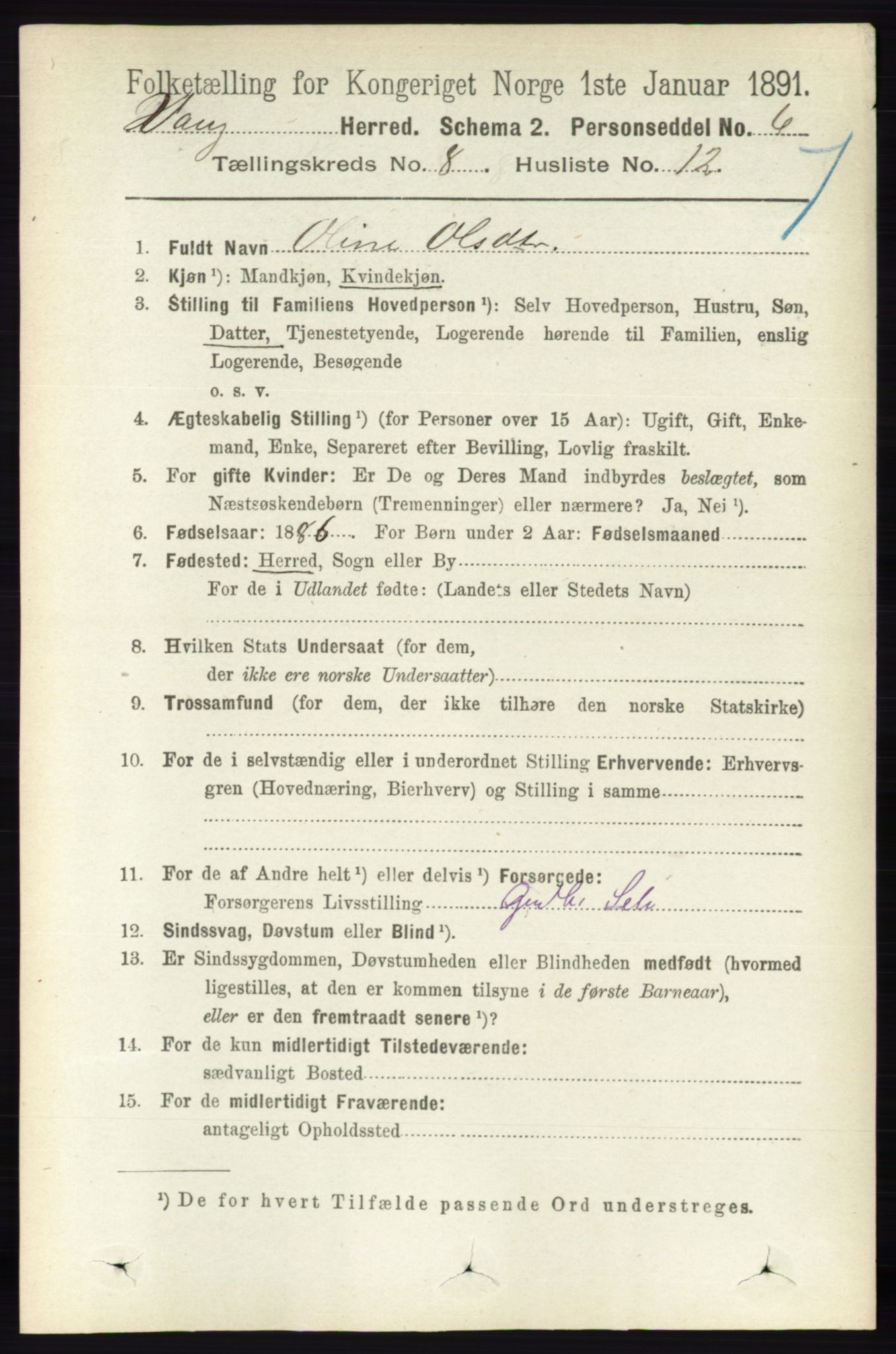 RA, 1891 census for 0414 Vang, 1891, p. 5671