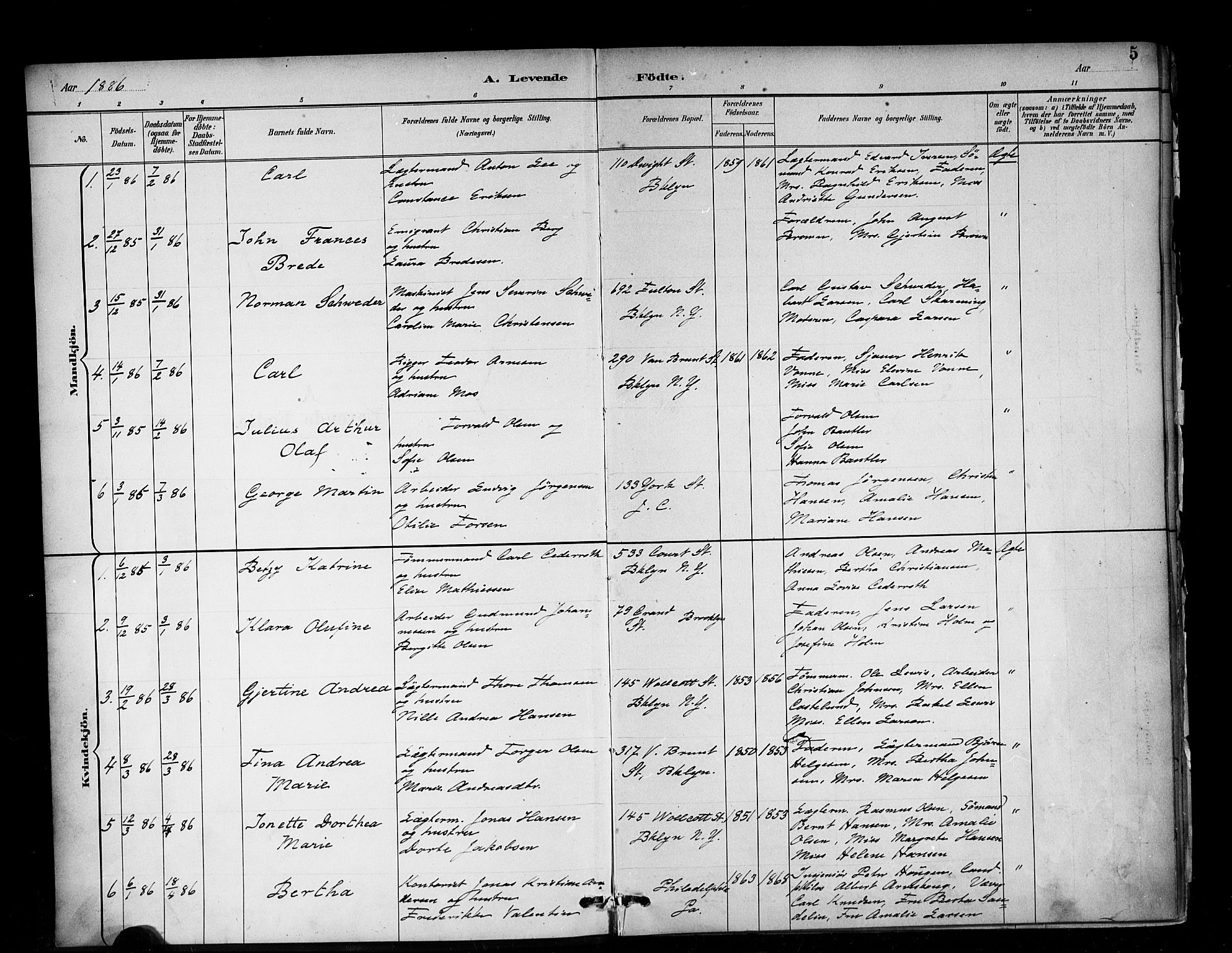 Den norske sjømannsmisjon i utlandet/New York, SAB/SAB/PA-0110/H/Ha/L0002: Parish register (official) no. A 2, 1886-1888, p. 5