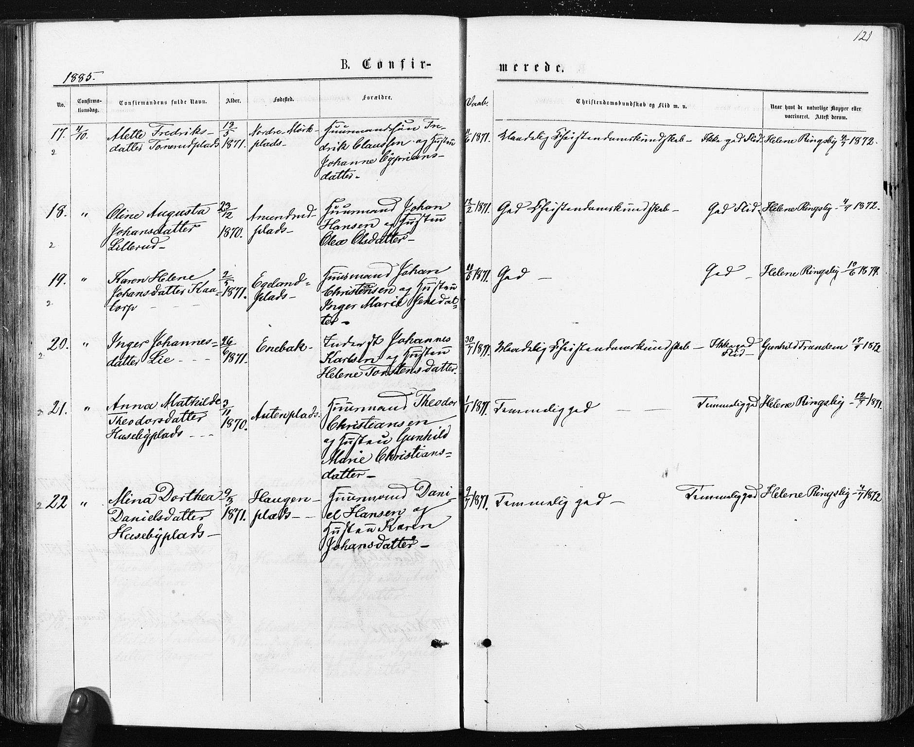 Spydeberg prestekontor Kirkebøker, AV/SAO-A-10924/F/Fa/L0007: Parish register (official) no. I 7, 1875-1885, p. 121