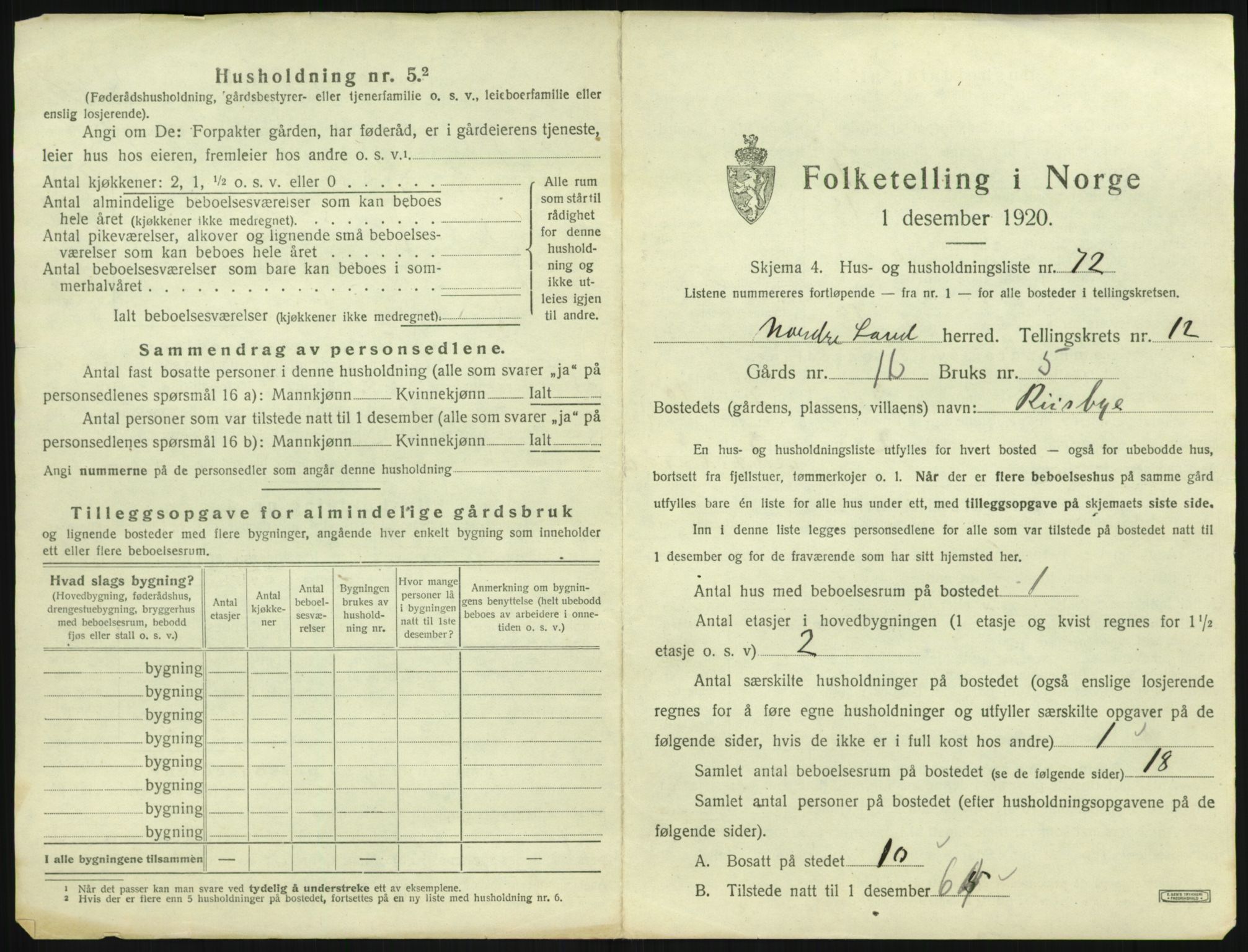 SAH, 1920 census for Nordre Land, 1920, p. 1114