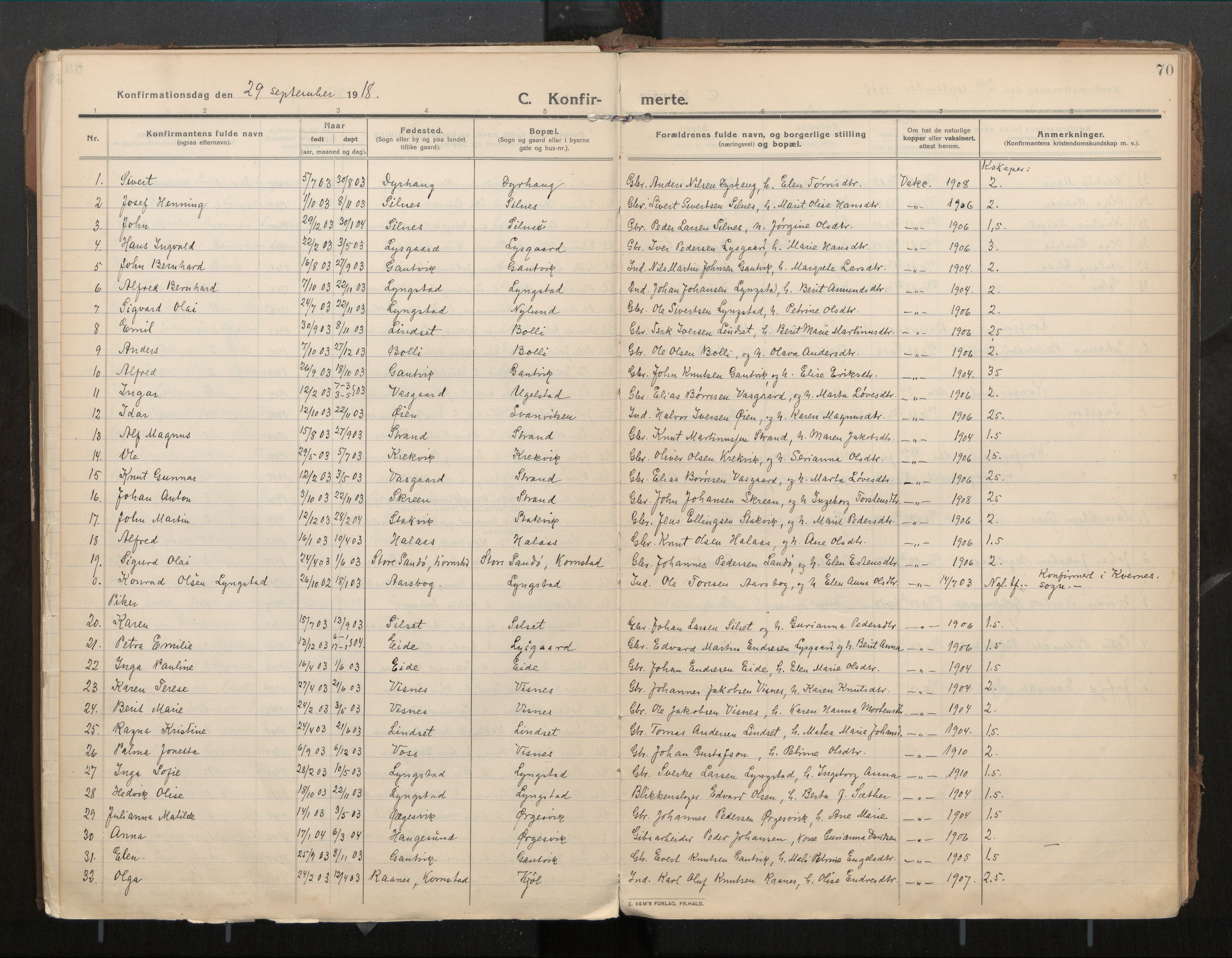 Ministerialprotokoller, klokkerbøker og fødselsregistre - Møre og Romsdal, AV/SAT-A-1454/571/L0836b: Parish register (official) no. 571A03, 1911-1926, p. 70