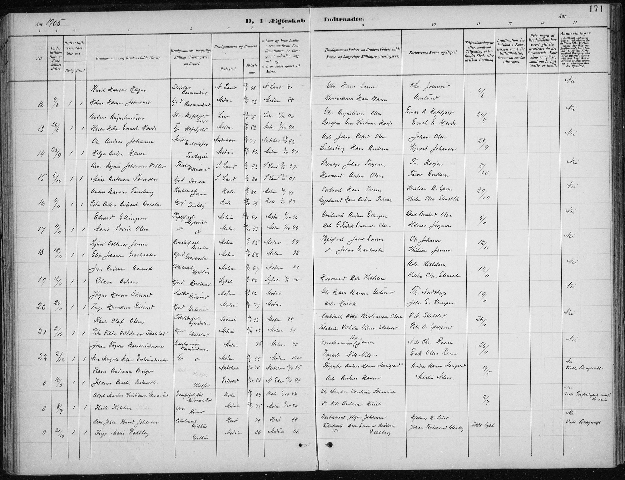 Modum kirkebøker, AV/SAKO-A-234/F/Fa/L0013: Parish register (official) no. 13, 1899-1907, p. 171