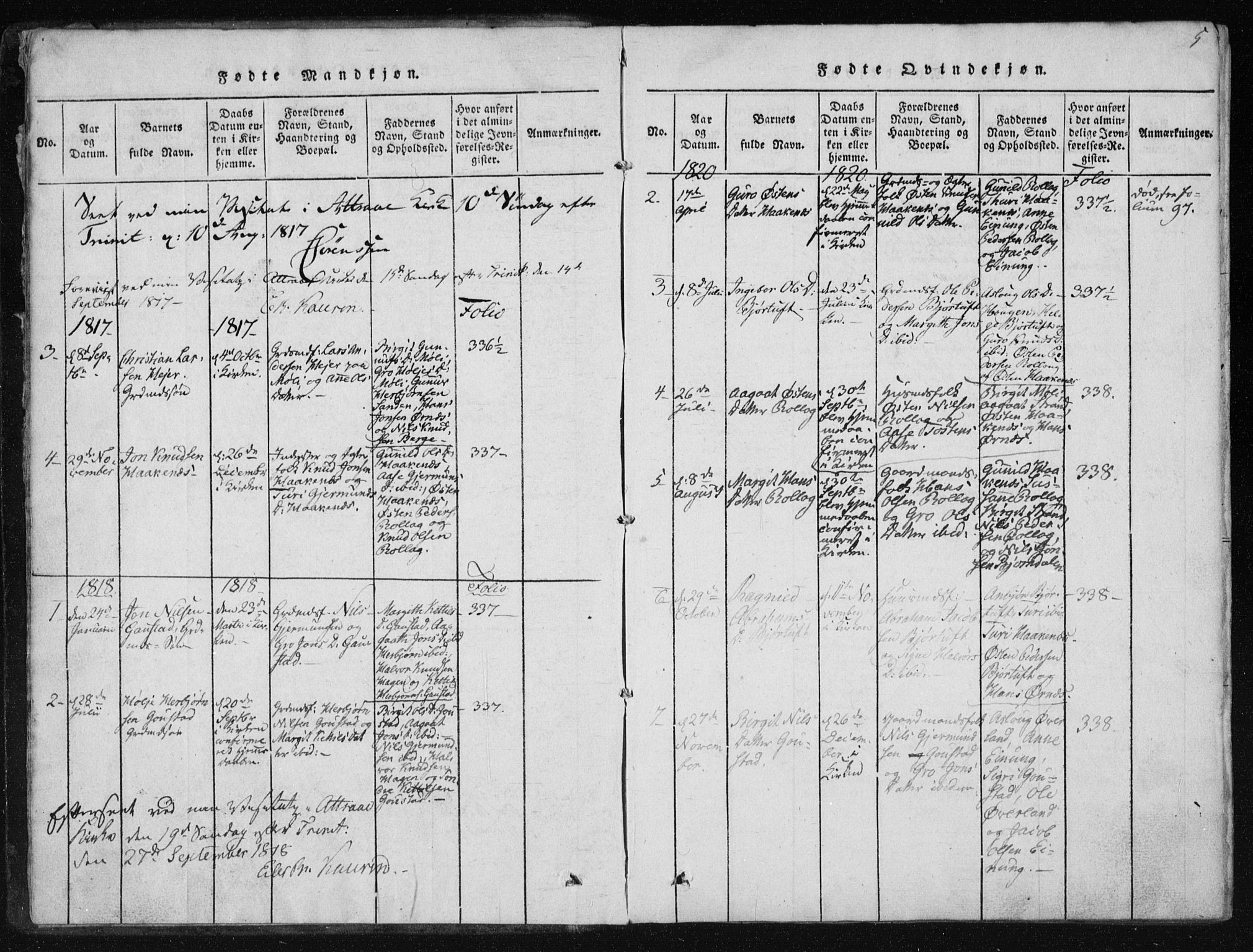 Tinn kirkebøker, AV/SAKO-A-308/F/Fb/L0001: Parish register (official) no. II 1, 1815-1843, p. 5