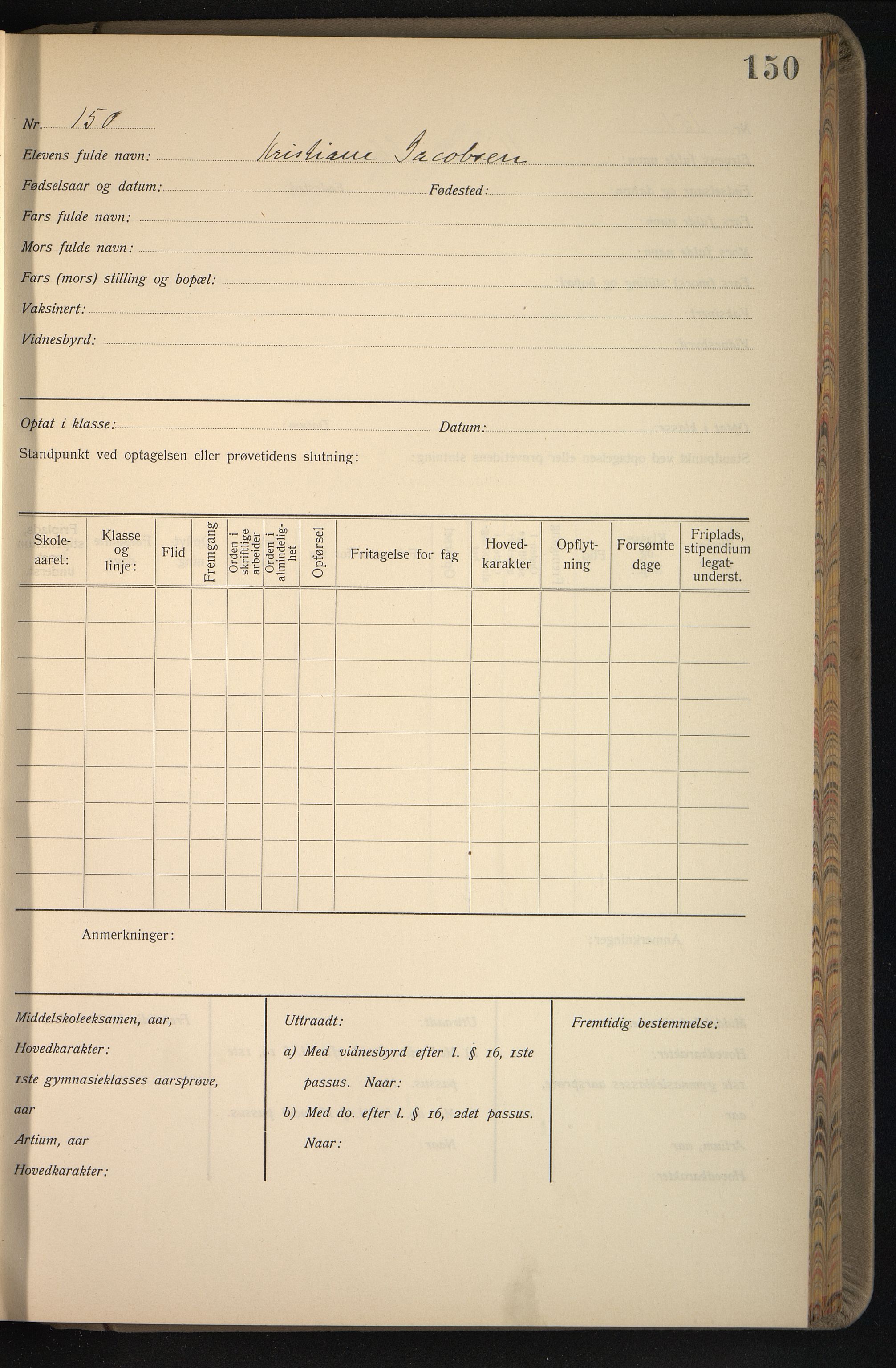 Vestfold fylkeskommune. Greveskogen videregående skole før 1998, VEMU/A-1162/G/Gb/L0003: Manntallsprotokoll Pikeskolen, 1909-1911, p. 151