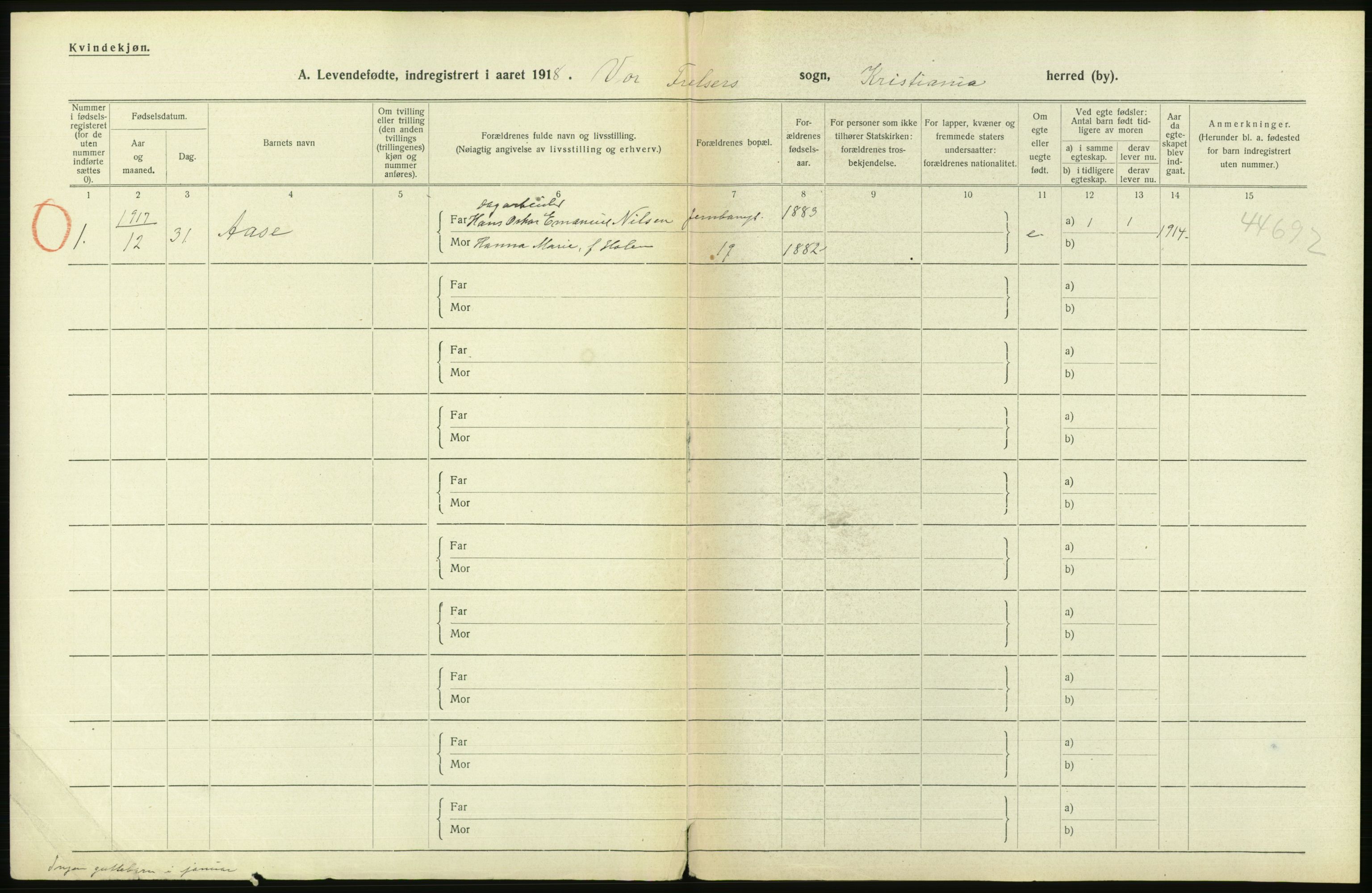 Statistisk sentralbyrå, Sosiodemografiske emner, Befolkning, AV/RA-S-2228/D/Df/Dfb/Dfbh/L0008: Kristiania: Levendefødte menn og kvinner., 1918, p. 2