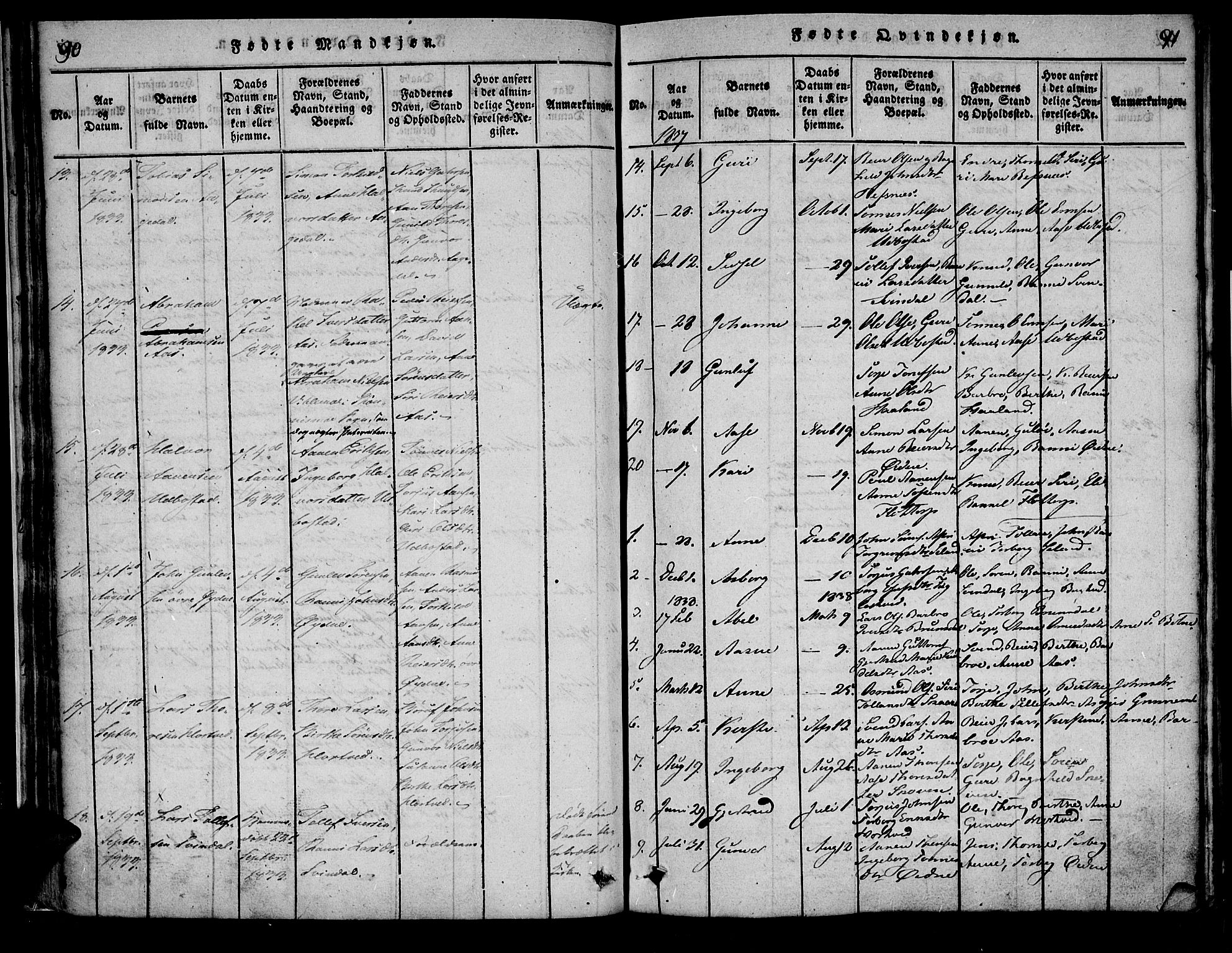 Bjelland sokneprestkontor, SAK/1111-0005/F/Fa/Fac/L0001: Parish register (official) no. A 1, 1815-1866, p. 90-91