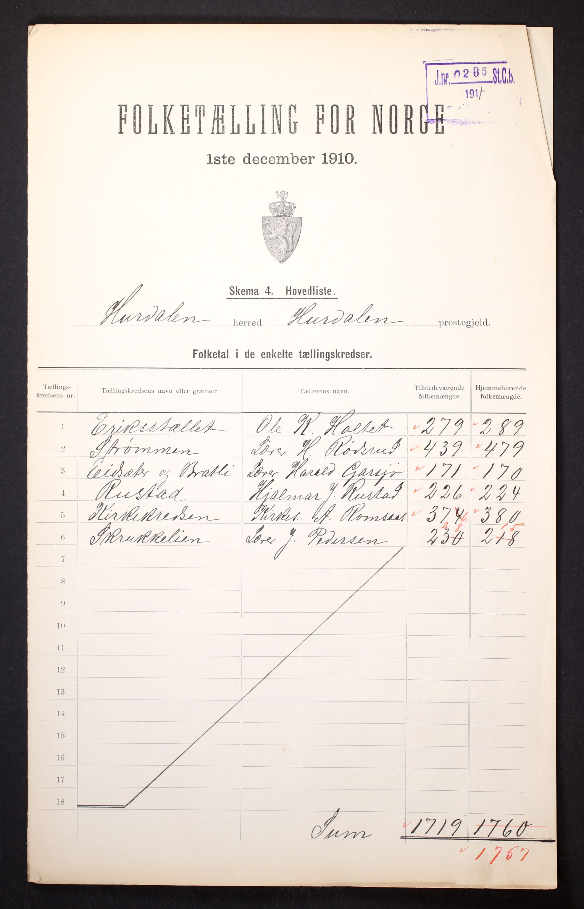 RA, 1910 census for Hurdal, 1910, p. 2