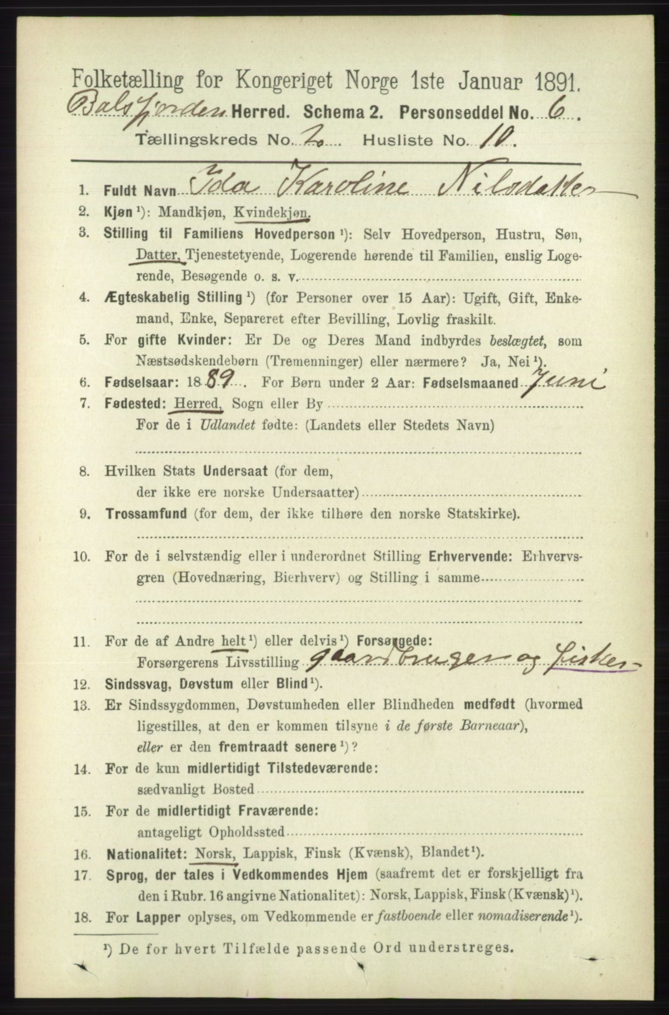 RA, 1891 census for 1933 Balsfjord, 1891, p. 620