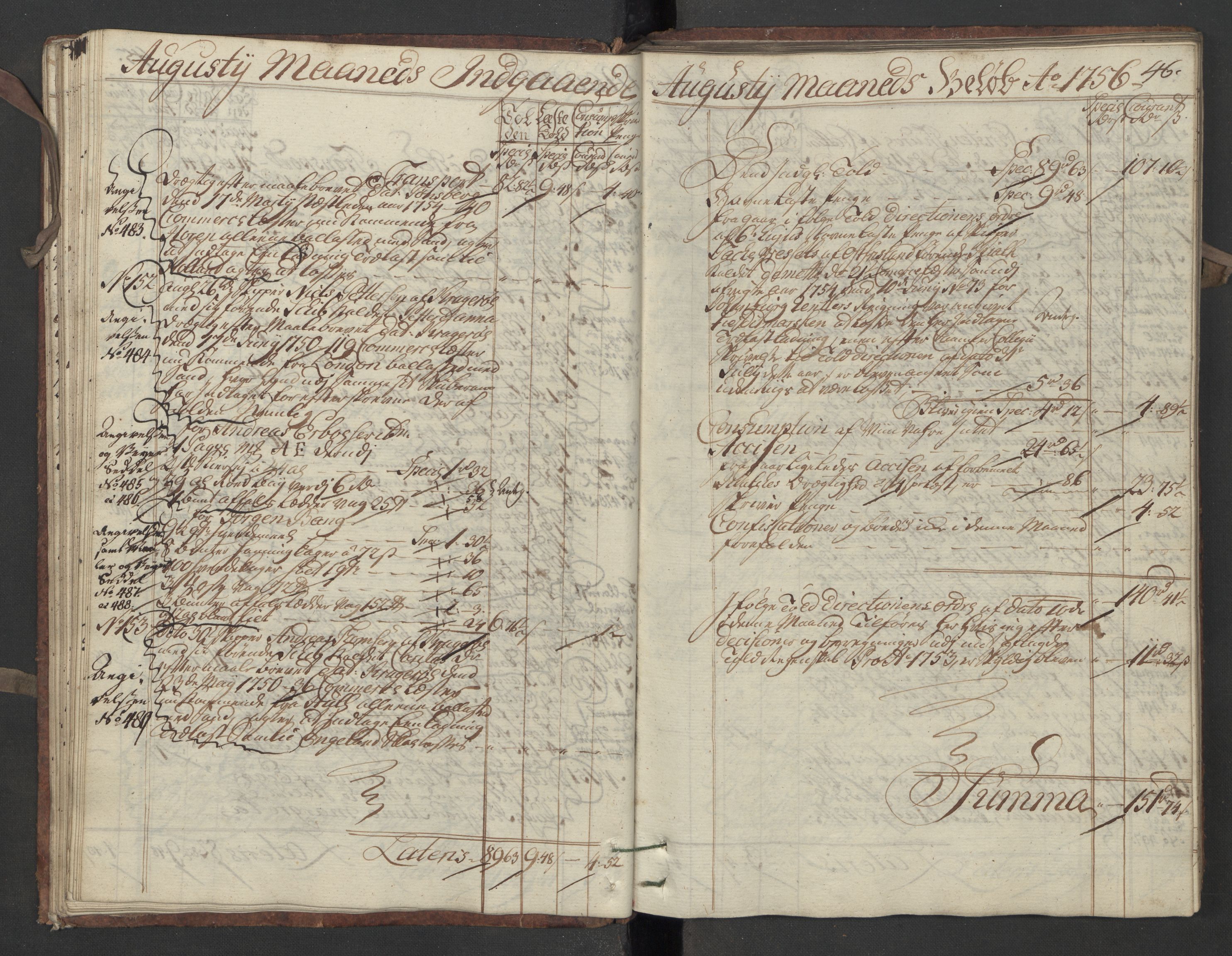 Generaltollkammeret, tollregnskaper, RA/EA-5490/R13/L0020/0001: Tollregnskaper Kragerø / Inngående hovedtollbok, 1756, p. 45b-46a