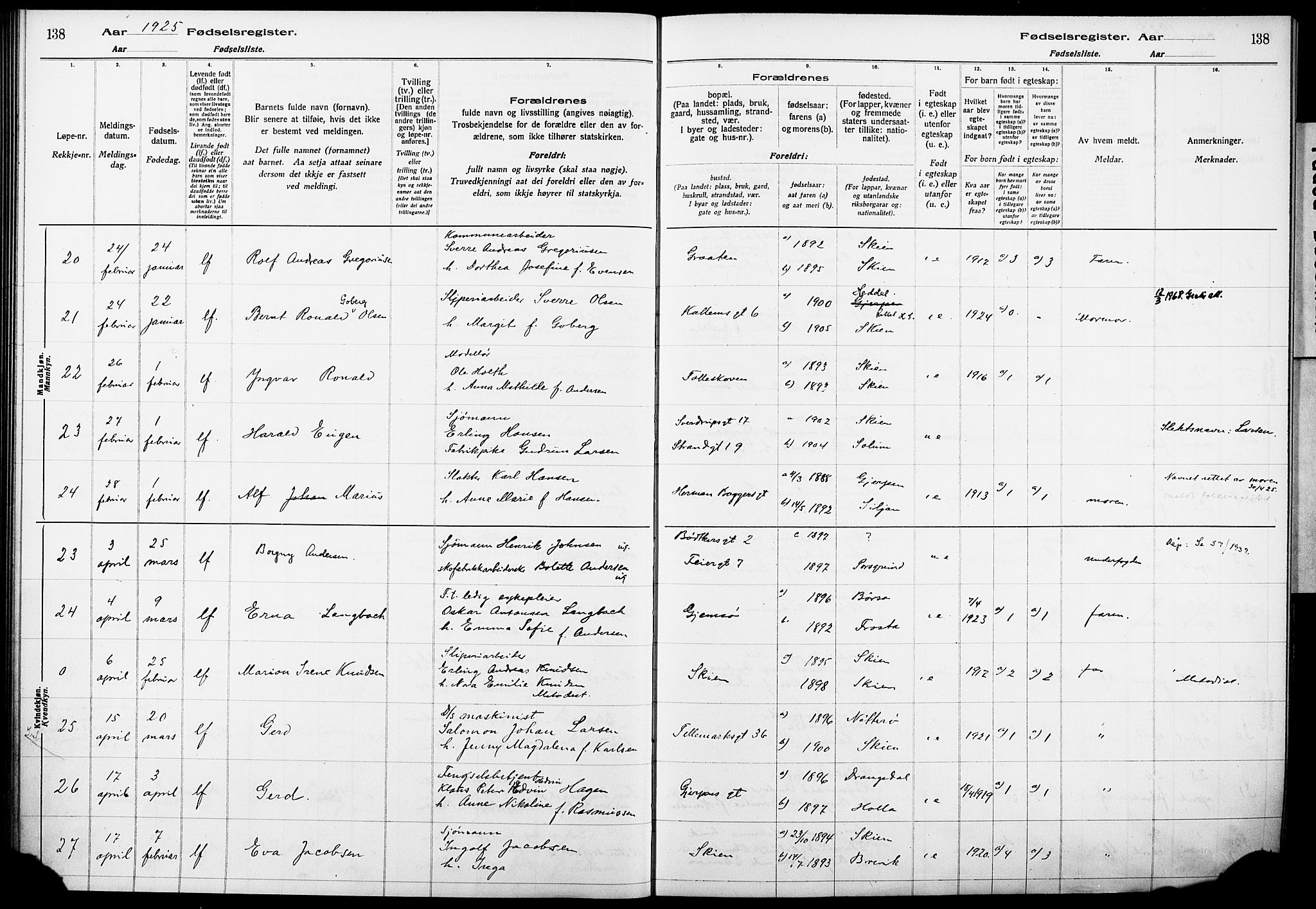 Skien kirkebøker, AV/SAKO-A-302/J/Ja/L0002: Birth register no. 2, 1921-1927, p. 138