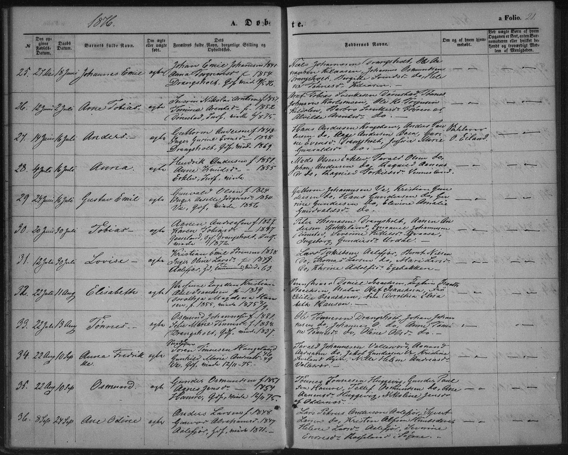 Tveit sokneprestkontor, SAK/1111-0043/F/Fa/L0006: Parish register (official) no. A 6, 1872-1886, p. 21