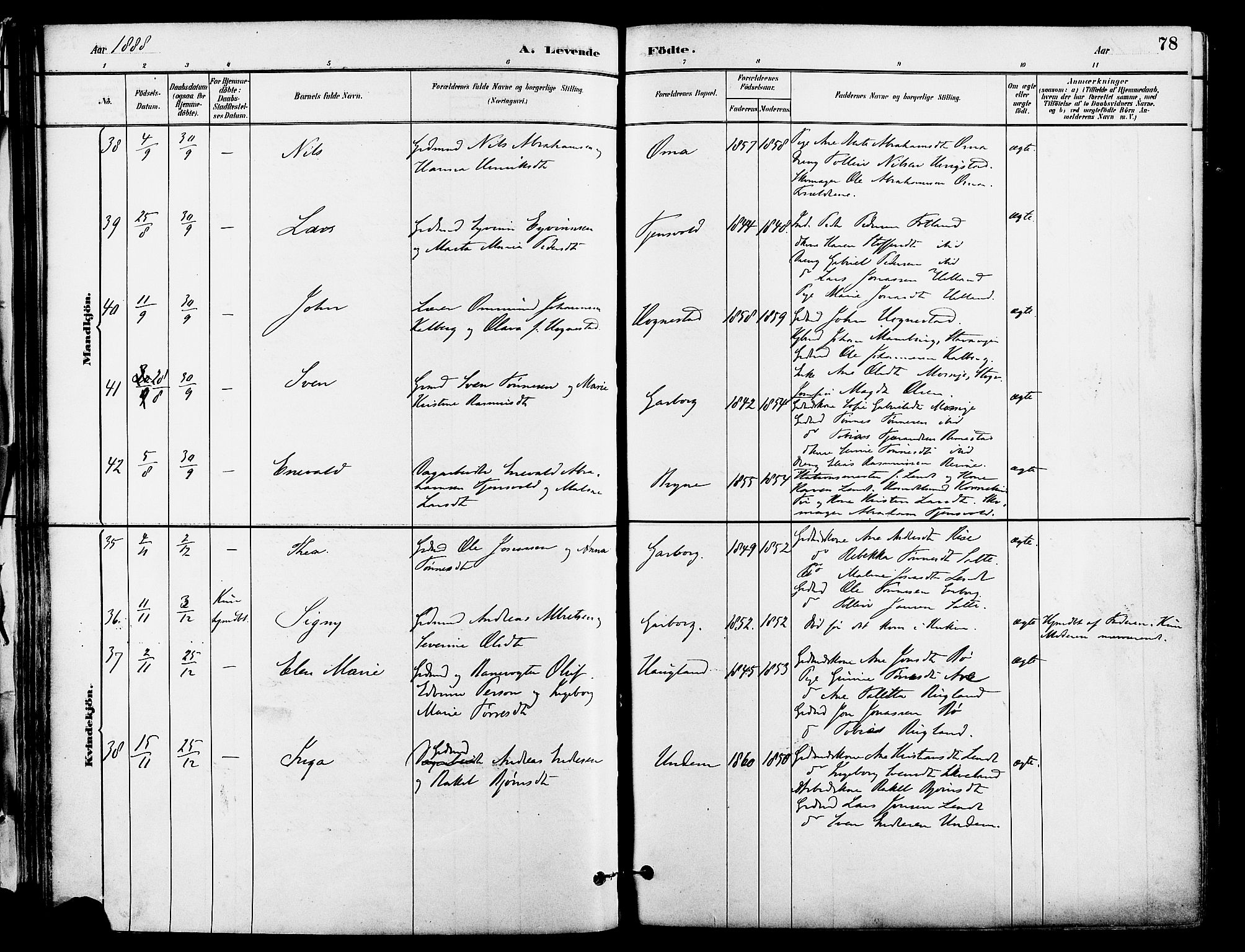 Lye sokneprestkontor, AV/SAST-A-101794/001/30BA/L0009: Parish register (official) no. A 8, 1881-1892, p. 78