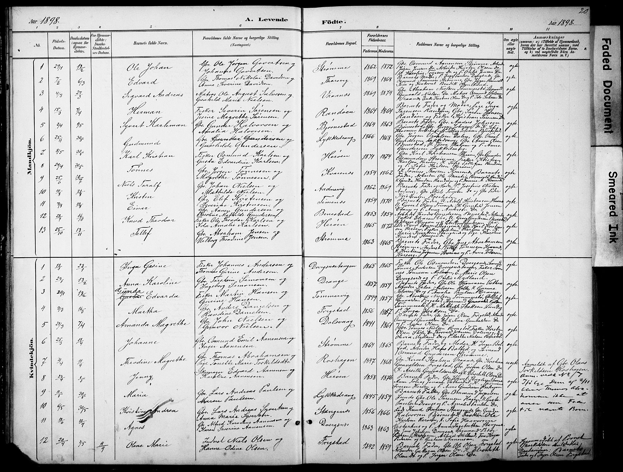 Oddernes sokneprestkontor, SAK/1111-0033/F/Fb/Fbb/L0002: Parish register (copy) no. B 2, 1889-1933, p. 20