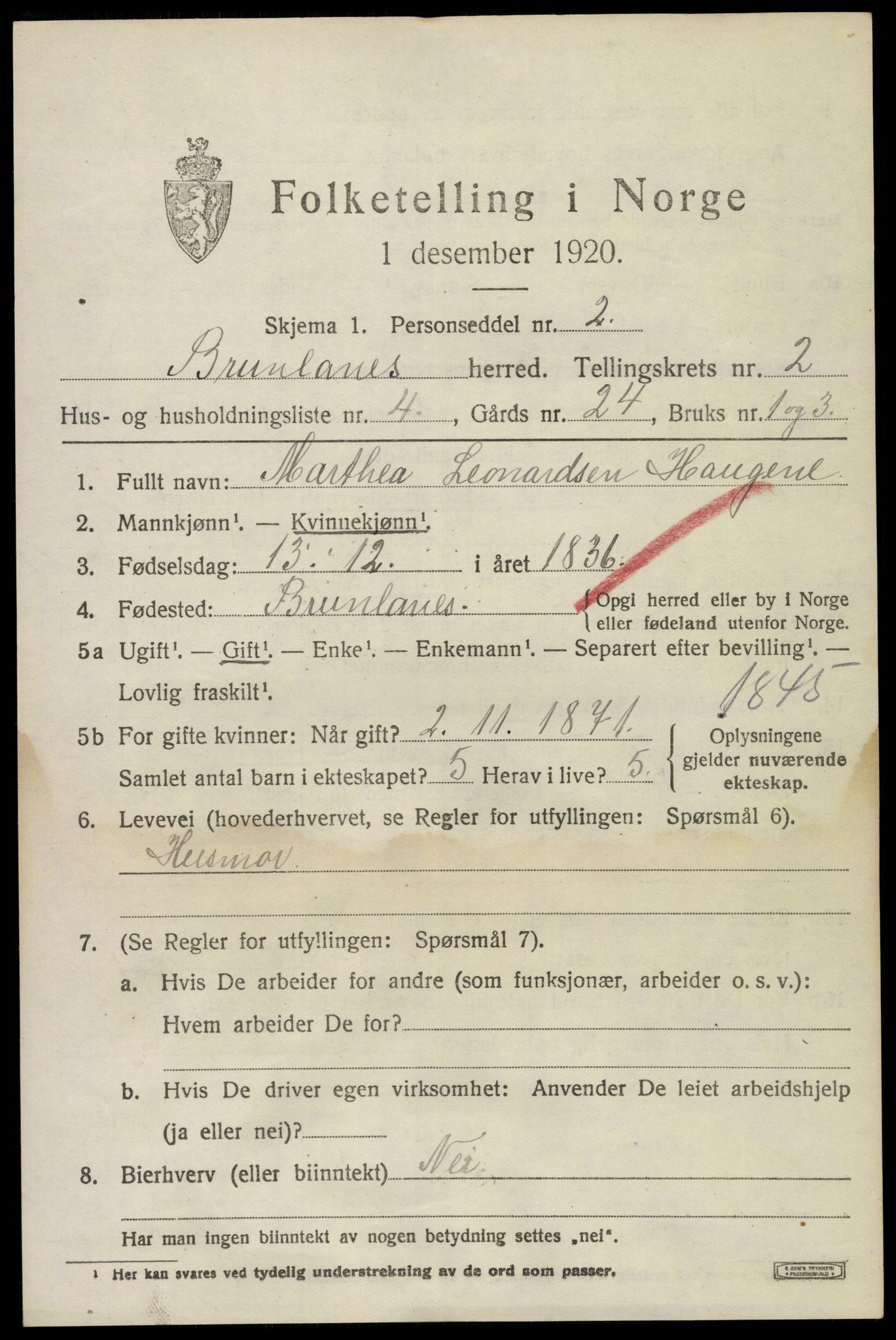 SAKO, 1920 census for Brunlanes, 1920, p. 3359