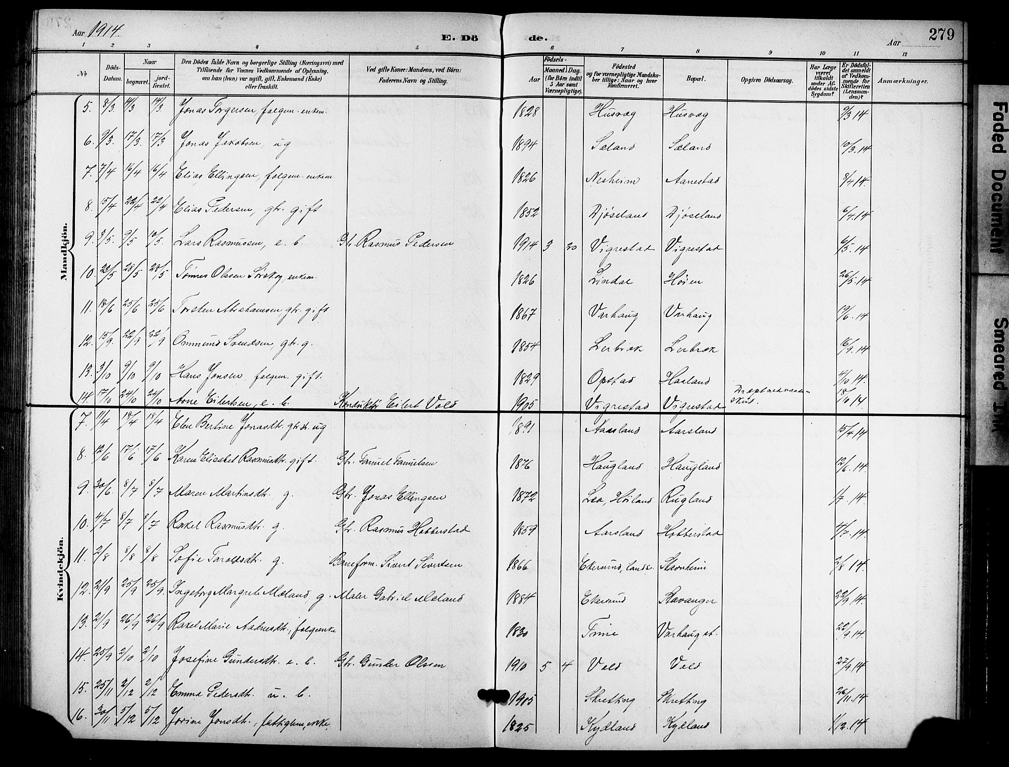 Hå sokneprestkontor, AV/SAST-A-101801/001/30BB/L0006: Parish register (copy) no. B 6, 1900-1924, p. 279