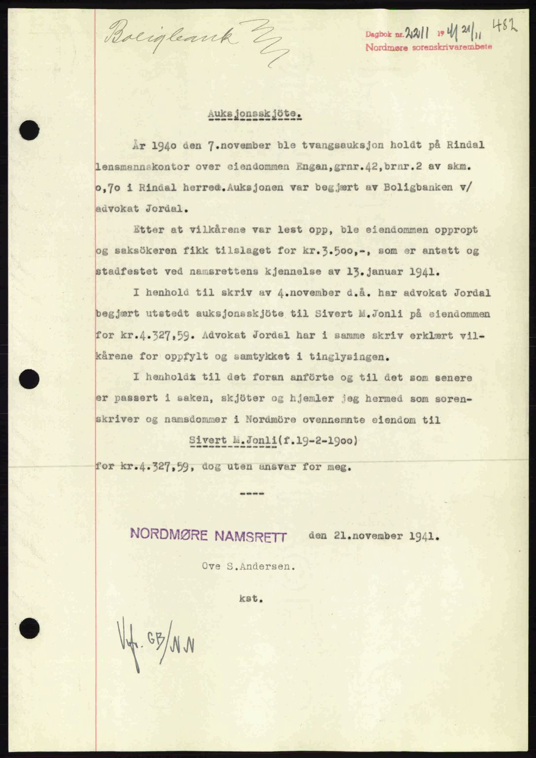 Nordmøre sorenskriveri, AV/SAT-A-4132/1/2/2Ca: Mortgage book no. A91, 1941-1942, Diary no: : 2211/1941