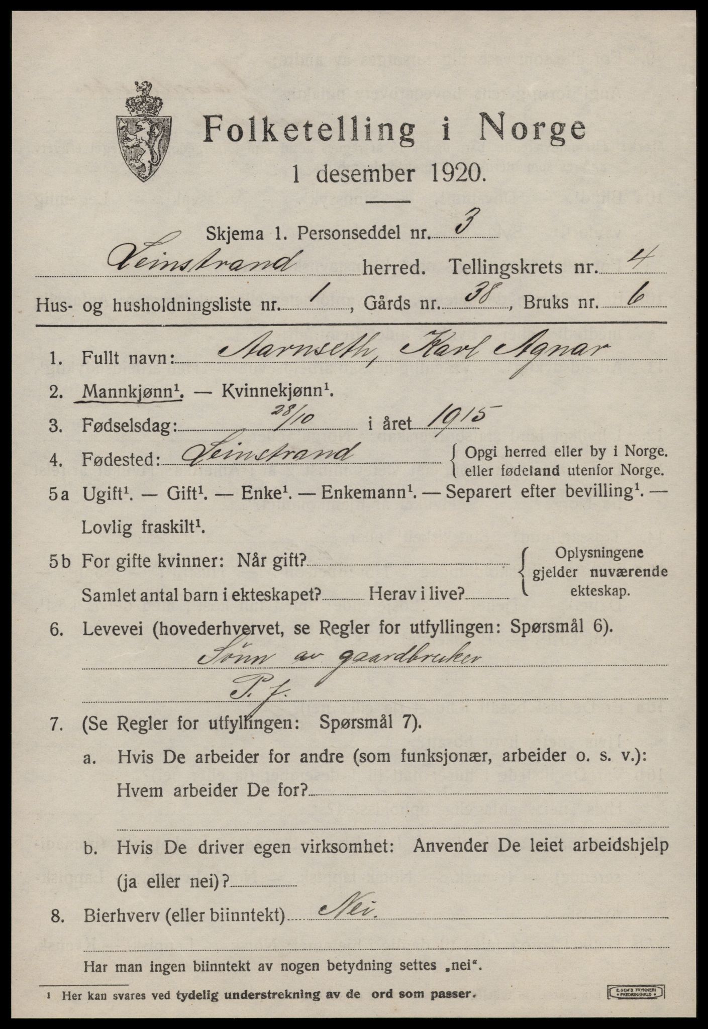 SAT, 1920 census for Leinstrand, 1920, p. 3807