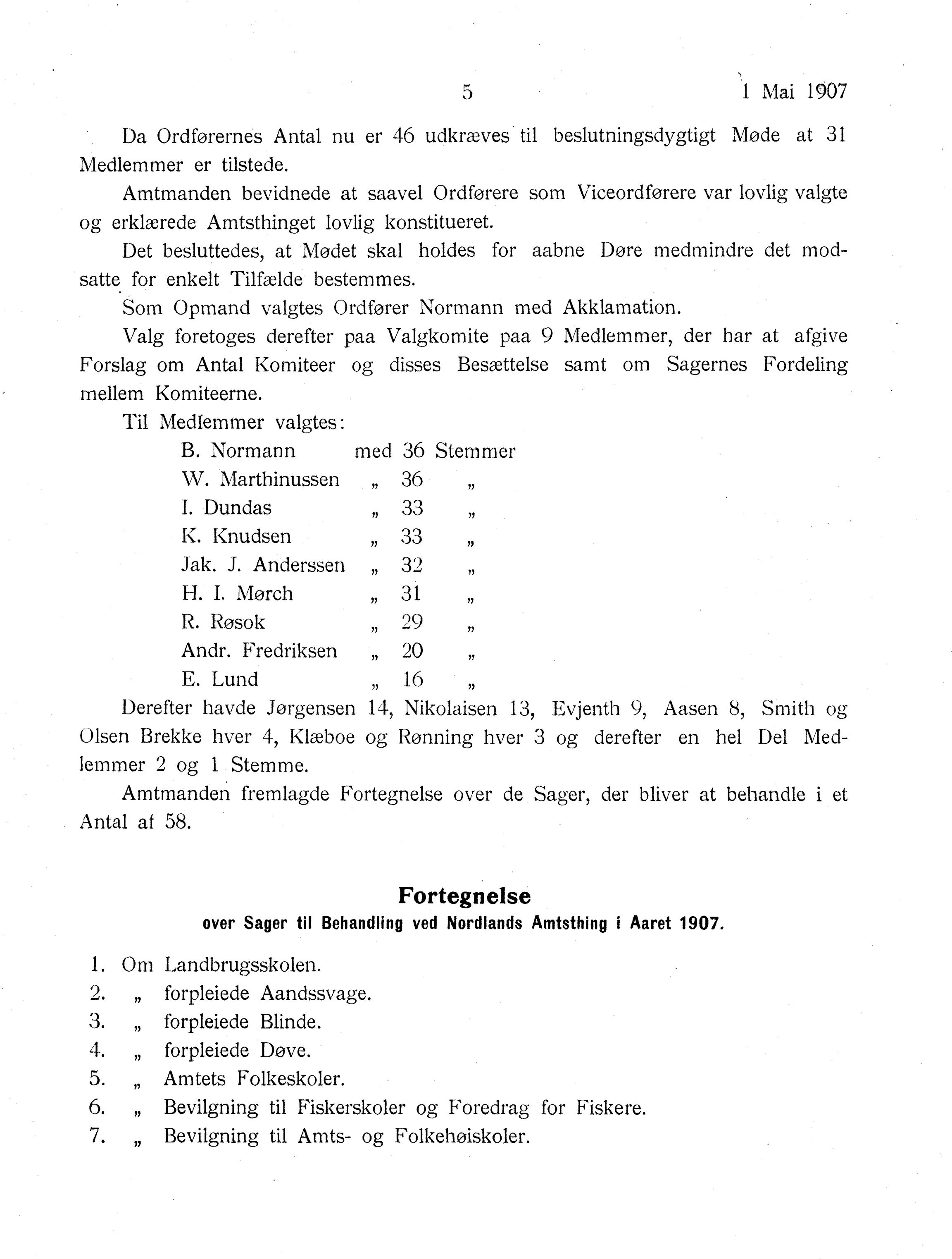 Nordland Fylkeskommune. Fylkestinget, AIN/NFK-17/176/A/Ac/L0030: Fylkestingsforhandlinger 1907, 1907, p. 5