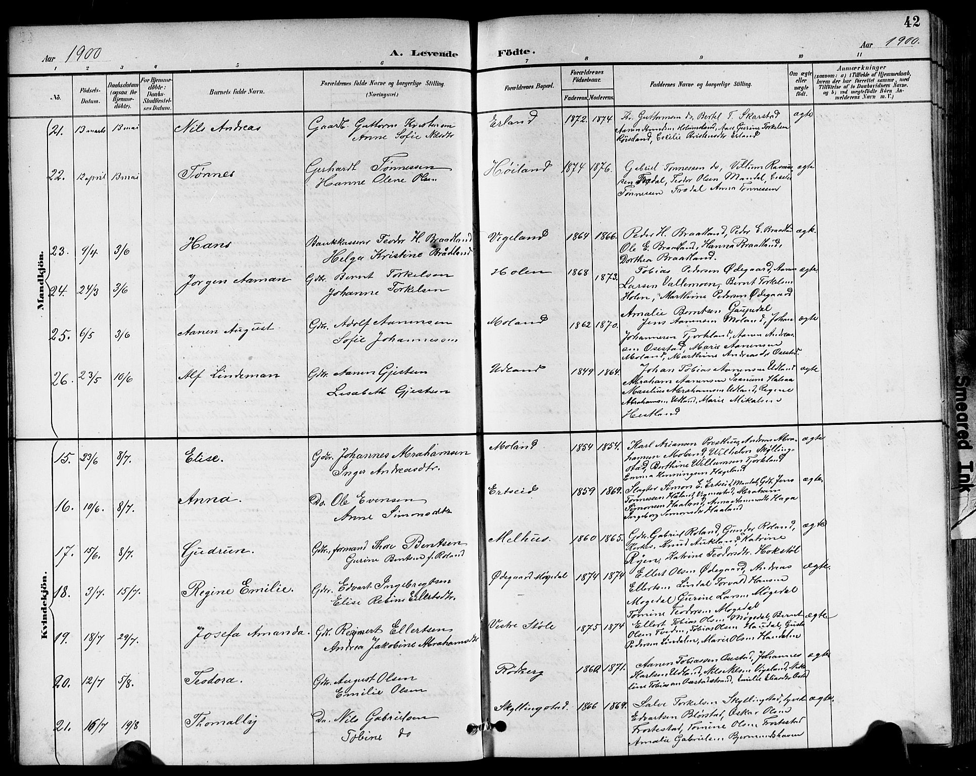 Sør-Audnedal sokneprestkontor, AV/SAK-1111-0039/F/Fb/Fbb/L0006: Parish register (copy) no. B 6, 1893-1915, p. 42