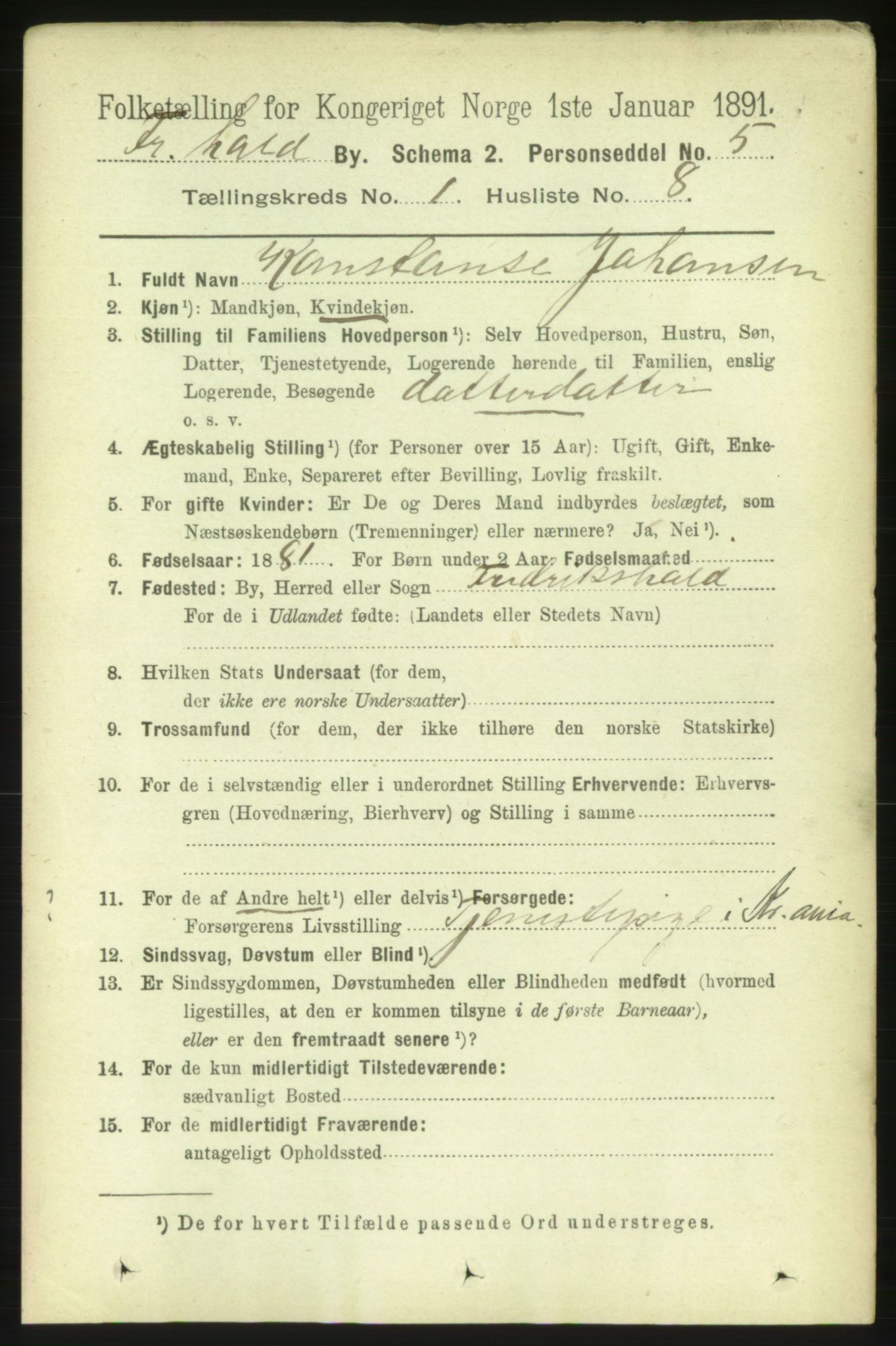 RA, 1891 census for 0101 Fredrikshald, 1891, p. 1997