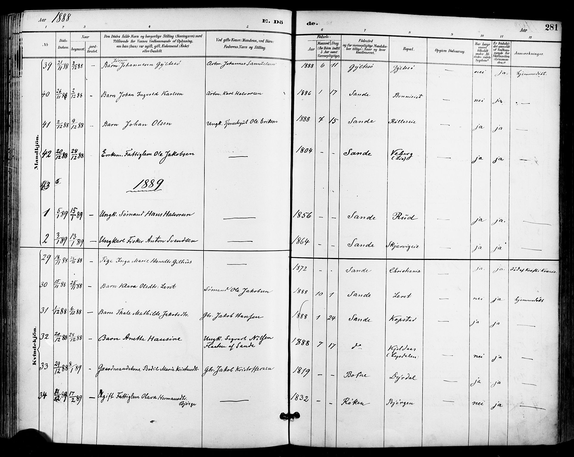 Sande Kirkebøker, AV/SAKO-A-53/F/Fa/L0007: Parish register (official) no. 7, 1888-1903, p. 281