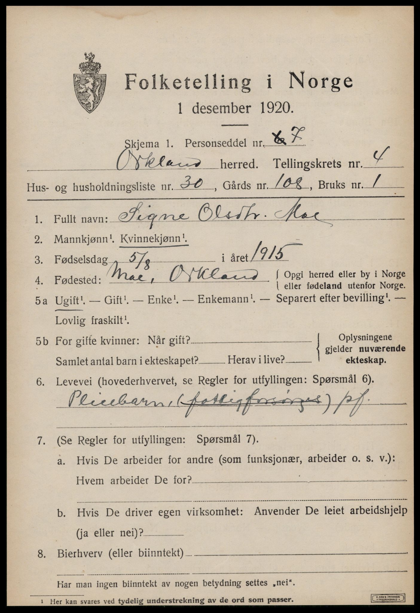 SAT, 1920 census for Orkland, 1920, p. 3684