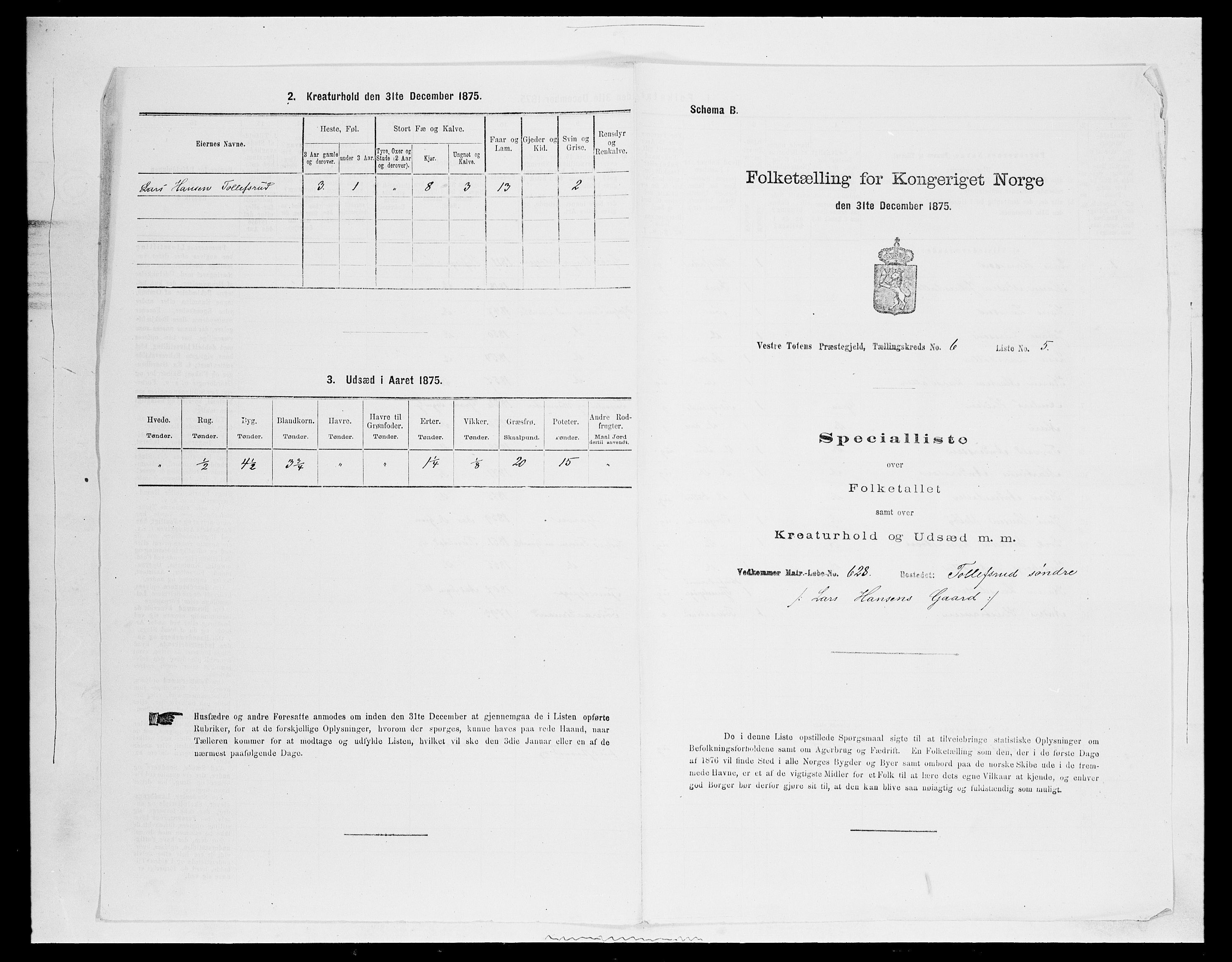 SAH, 1875 census for 0529P Vestre Toten, 1875, p. 1159