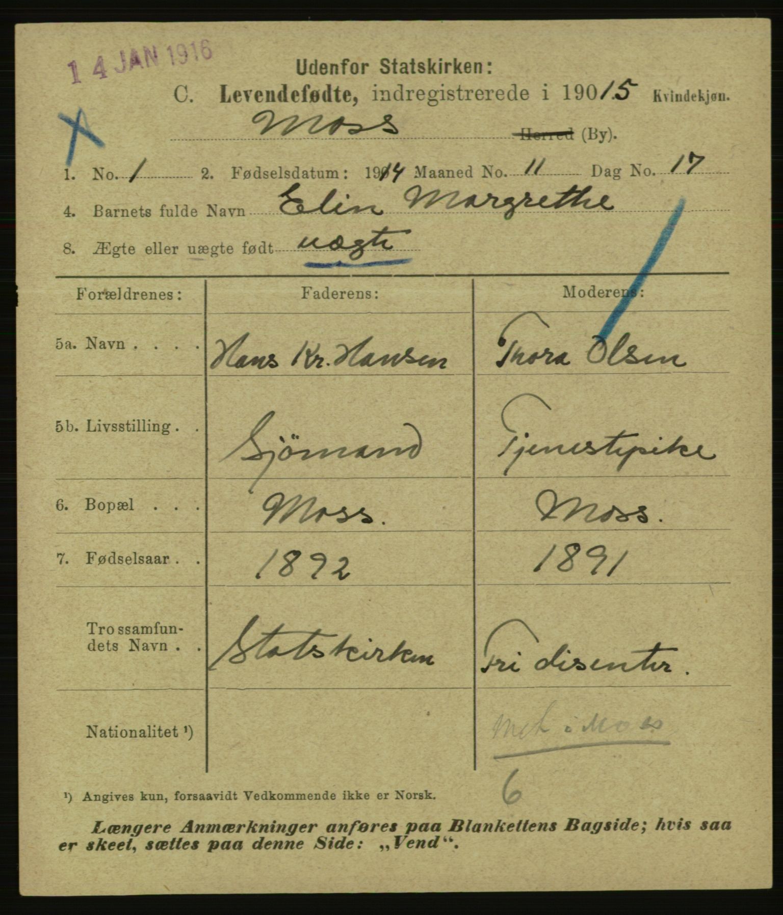 Statistisk sentralbyrå, Sosiodemografiske emner, Befolkning, AV/RA-S-2228/E/L0013: Fødte, gifte, døde dissentere., 1915, p. 7