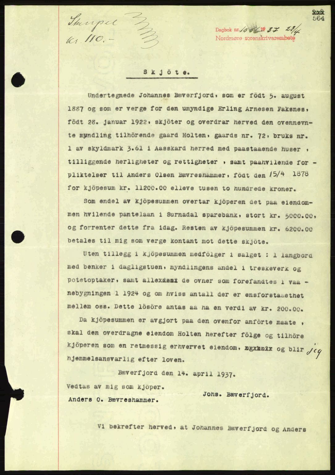 Nordmøre sorenskriveri, AV/SAT-A-4132/1/2/2Ca: Mortgage book no. A81, 1937-1937, Diary no: : 1056/1937