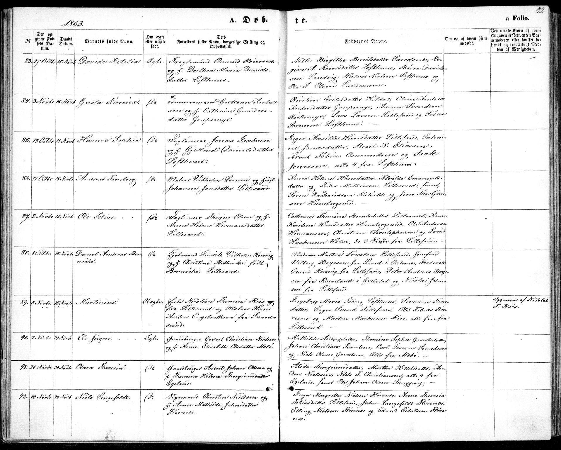 Vestre Moland sokneprestkontor, AV/SAK-1111-0046/F/Fb/Fbb/L0004: Parish register (copy) no. B 4, 1861-1872, p. 22