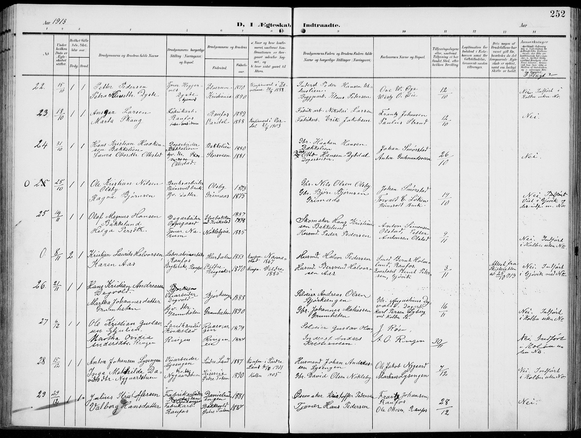 Vestre Toten prestekontor, AV/SAH-PREST-108/H/Ha/Haa/L0014: Parish register (official) no. 14, 1907-1920, p. 252