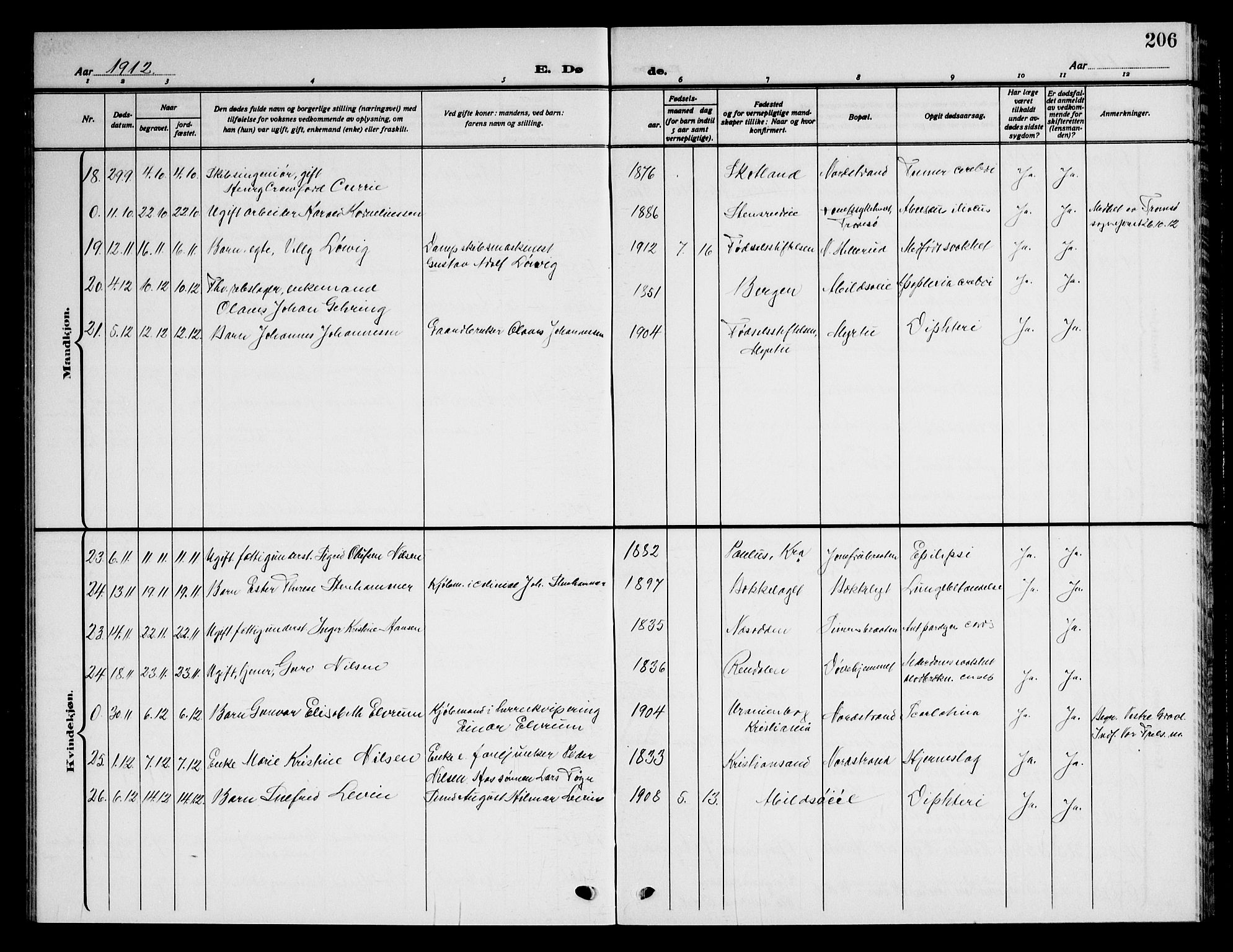 Nordstrand prestekontor Kirkebøker, AV/SAO-A-10362a/G/Ga/L0001: Parish register (copy) no. I 1, 1911-1918, p. 206