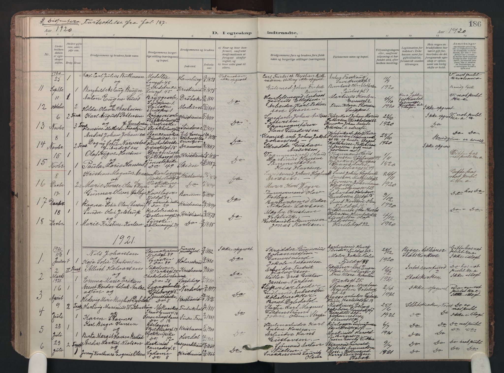 Petrus prestekontor Kirkebøker, AV/SAO-A-10872/F/Fa/L0013: Parish register (official) no. I 13, 1911-1925, p. 186