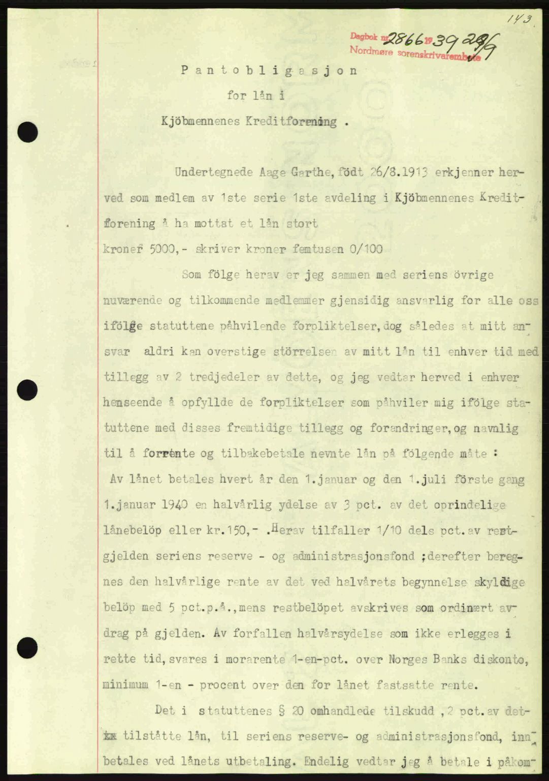 Nordmøre sorenskriveri, AV/SAT-A-4132/1/2/2Ca: Mortgage book no. B86, 1939-1940, Diary no: : 2866/1939