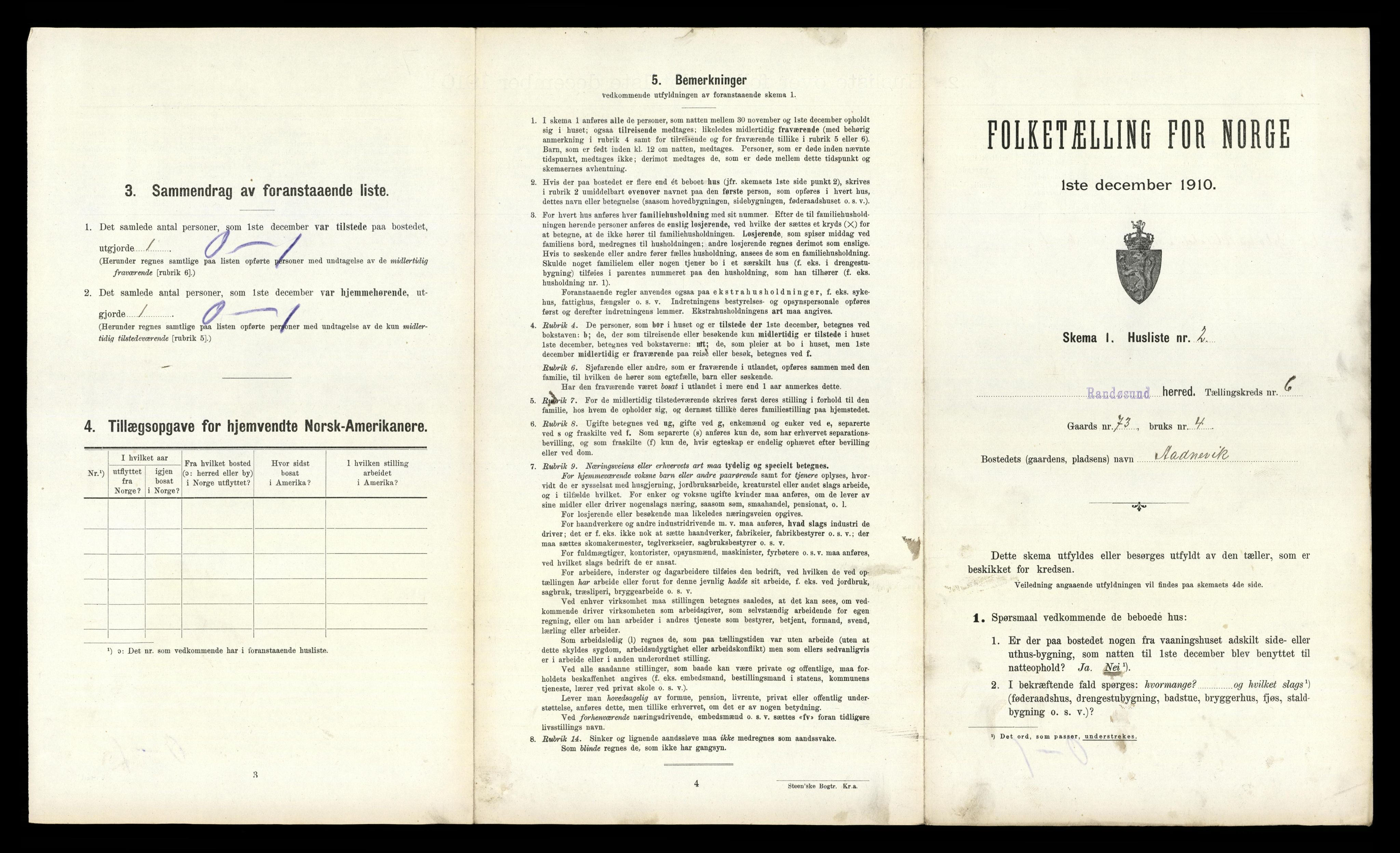 RA, 1910 census for Randesund, 1910, p. 436