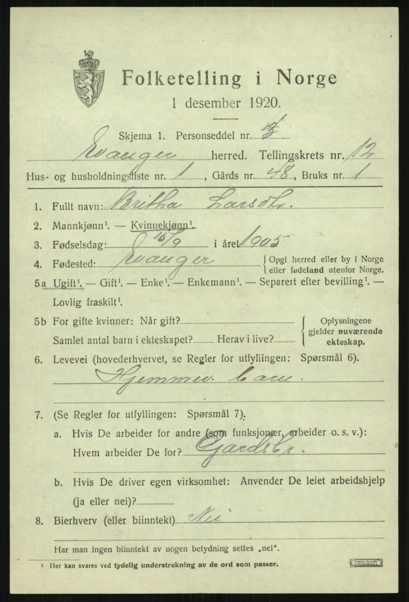 SAB, 1920 census for Evanger, 1920, p. 3655